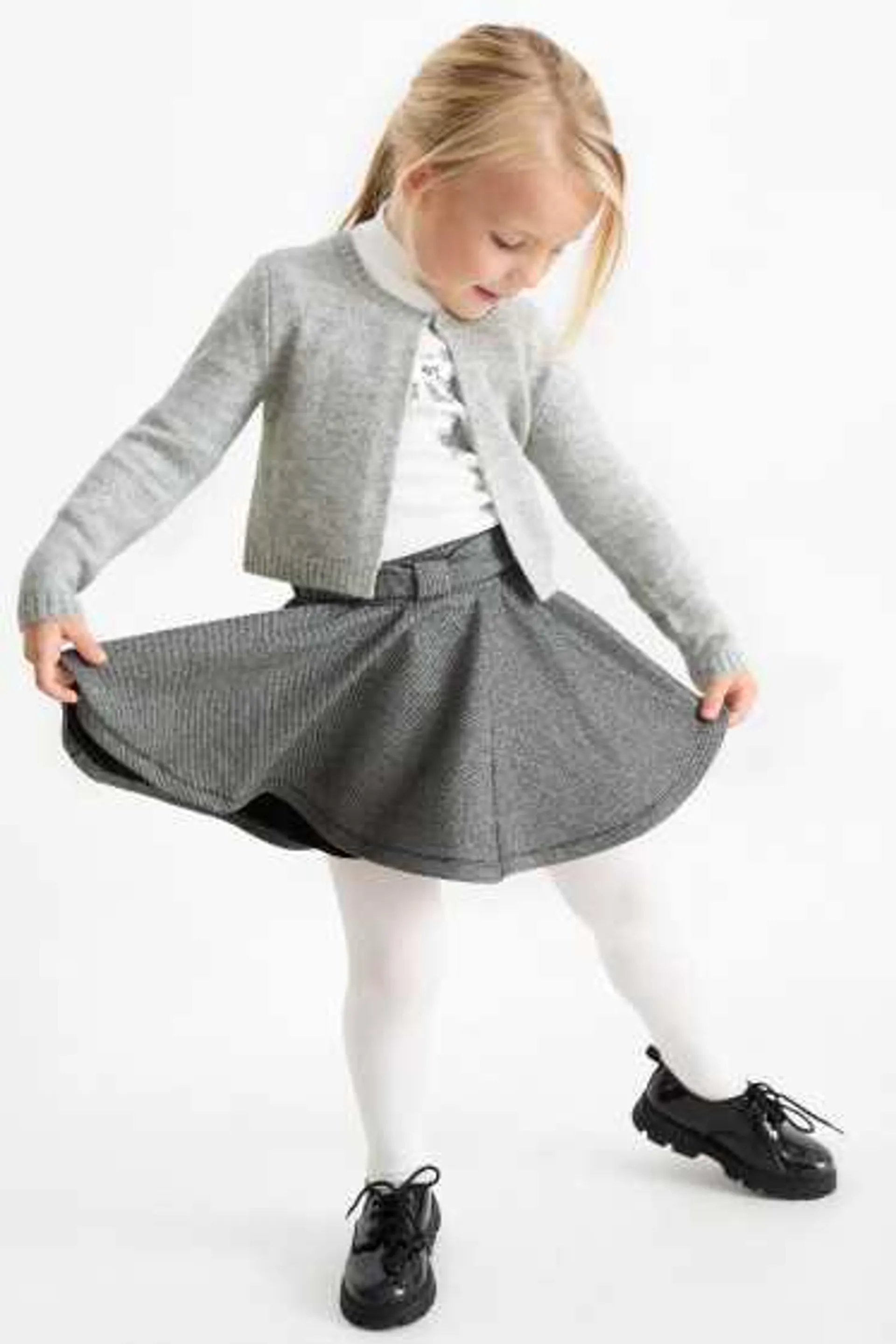 Set - polo neck top, cardigan, skirt and tights