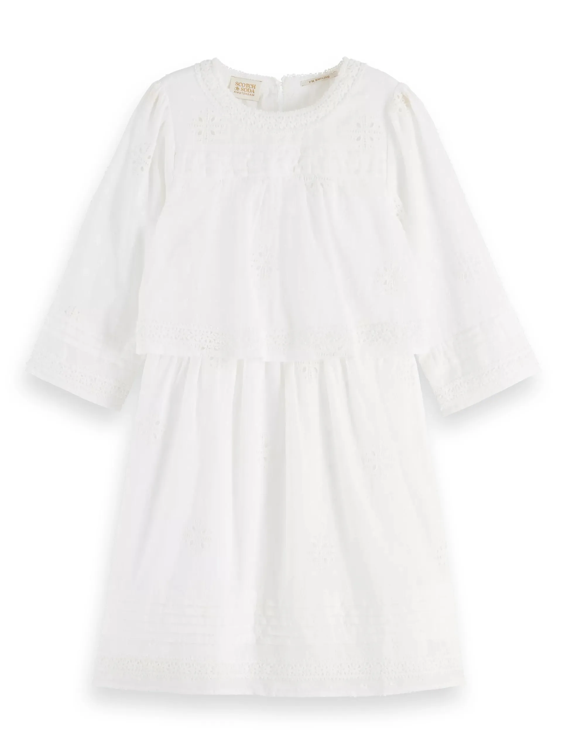 Jurk van broderie anglaise en clipjacquard