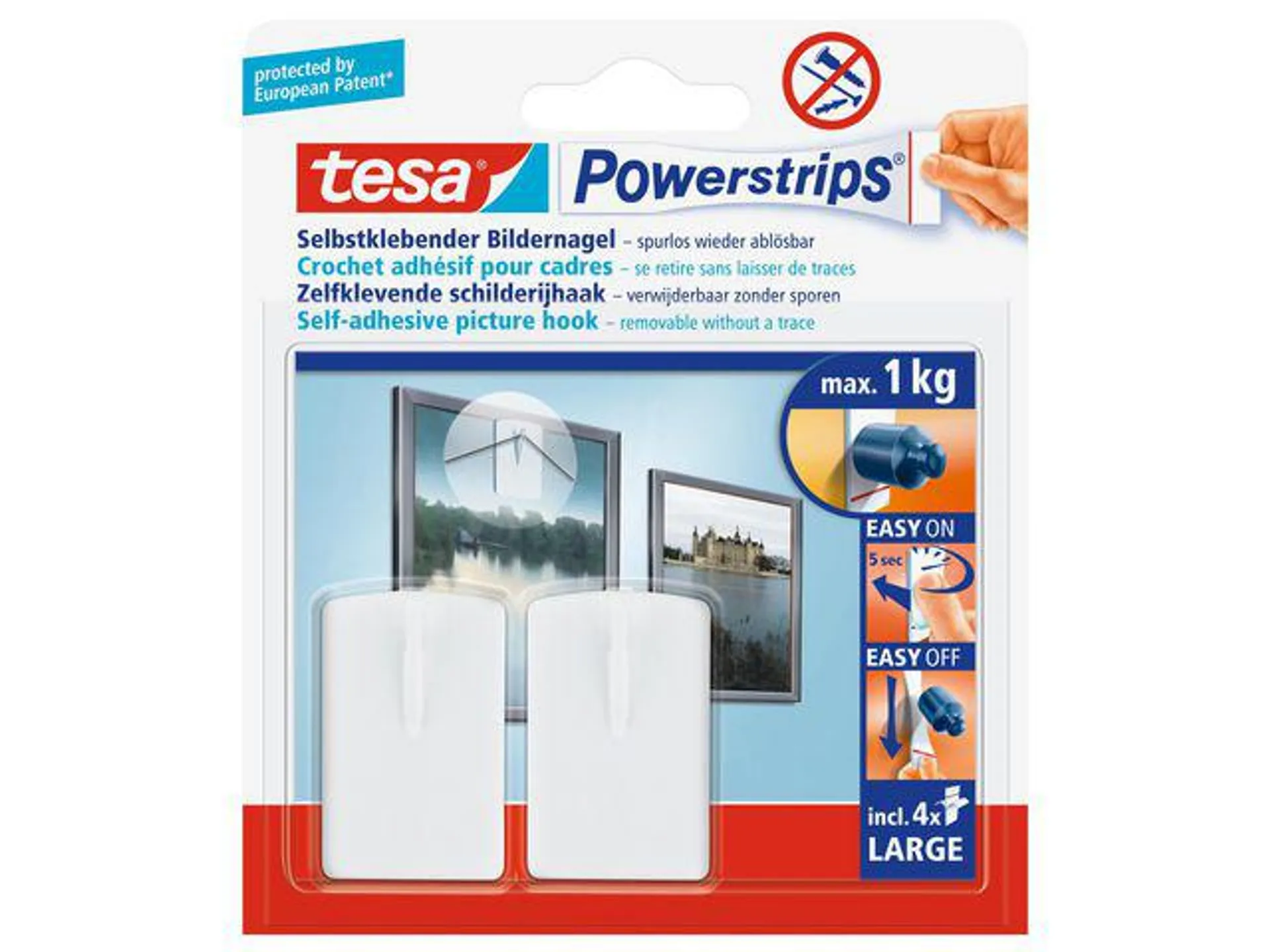 TESA Powerstrips Zelfklevende Schilderijhaak, Verwijderbaar, 1 kg, Wit