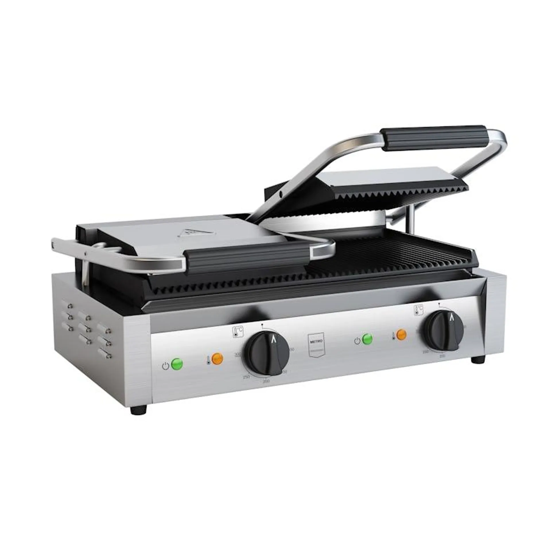 METRO Professional Dubbele contactgrill GPG2201, roestvrij staal, 57 x 36 x 20 cm, geribbeld, met vetopvangbak, zilver