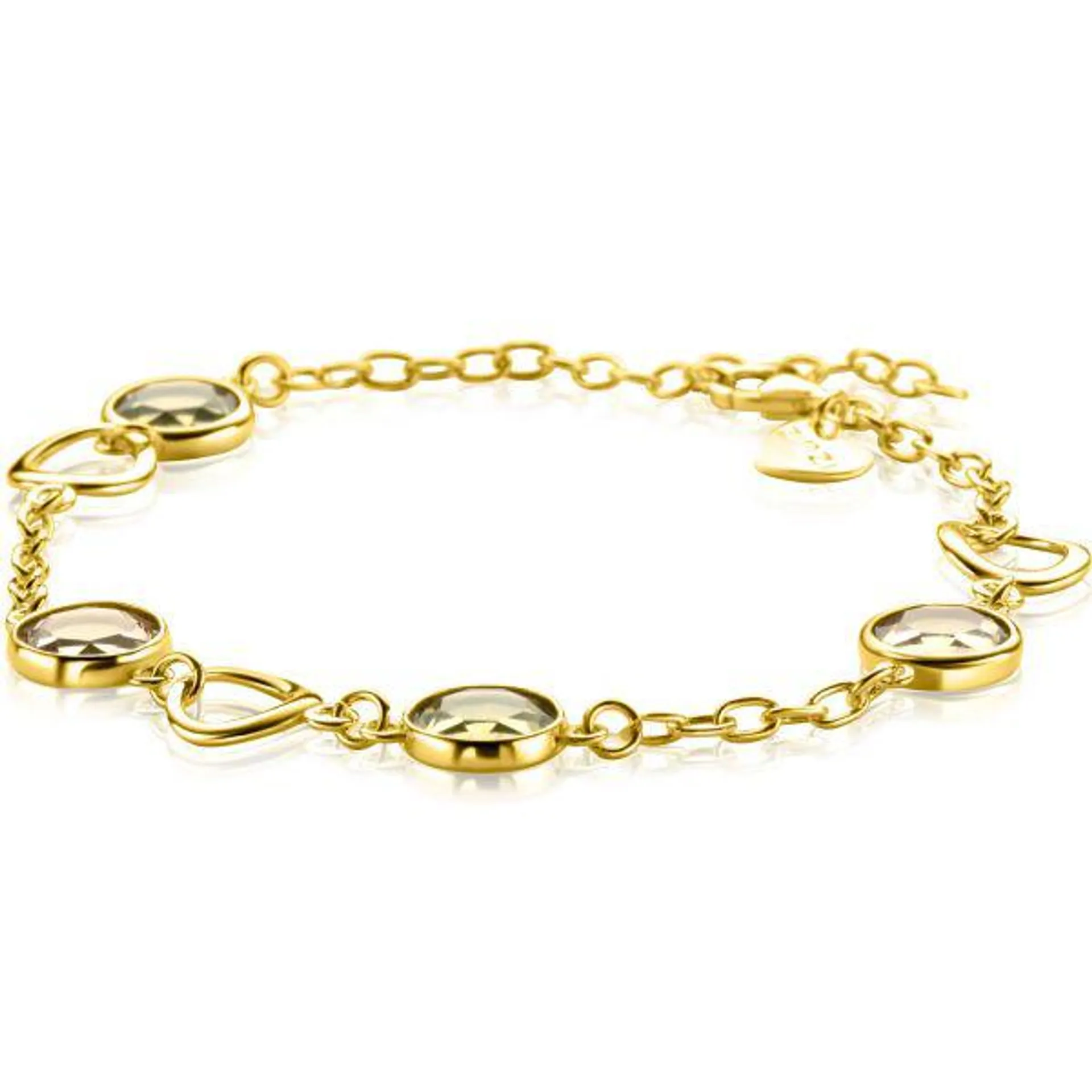 ZINZI gold plated zilveren fantasie armband met ovale open vormen en ronde zettingen bezet met champagne bruine en groene kleurstenen 17-20cm ZIA-BF91