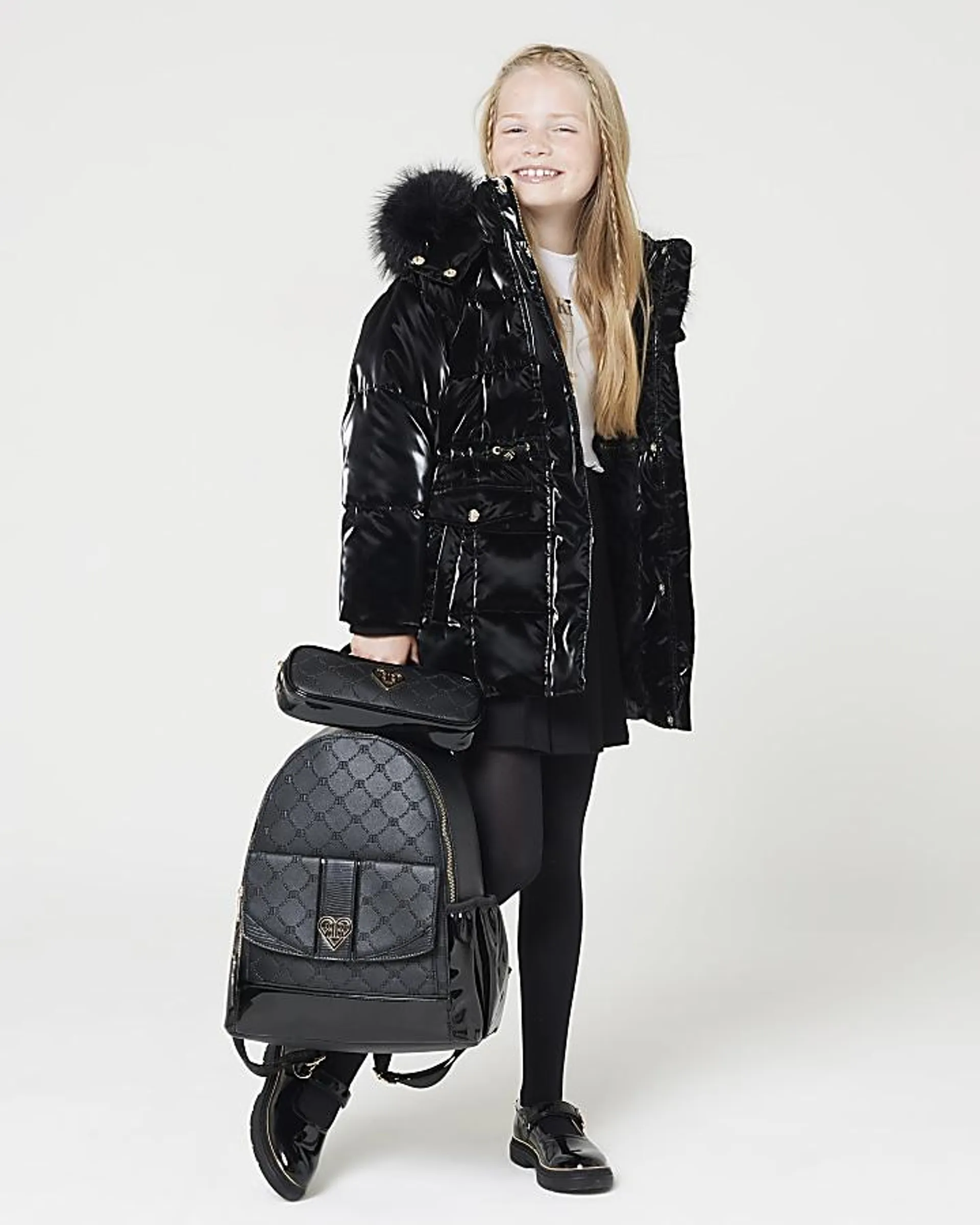 Girls black padded high shine coat