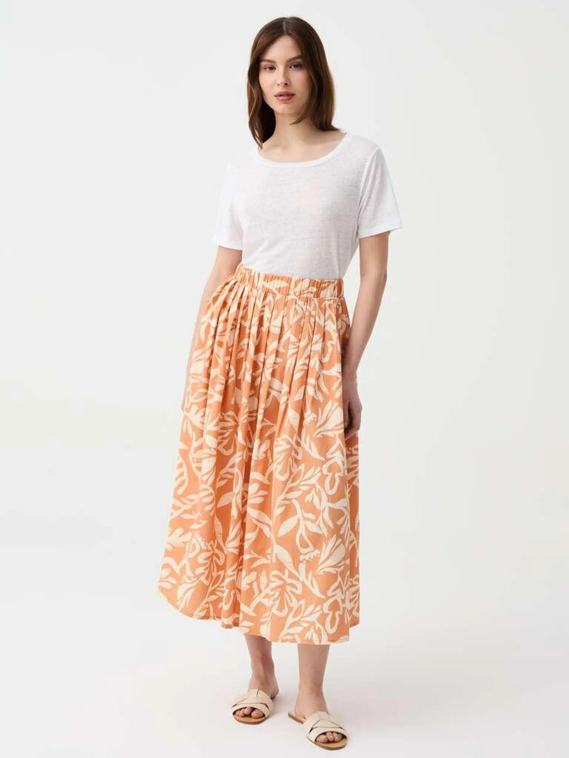 White/Orange Long full skirt with pleating and print