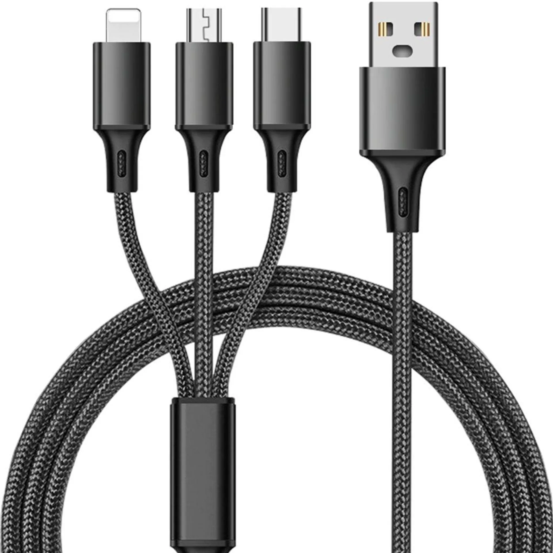 3 in1 Ladekabel Kabel USB-C MicroUSB Lightning Multi Original Schnellladekabel USB-C Schnell Fast Charge 1,2m Nylon für iPhone Samsung Smartphone Tablet Schwarz Retoo