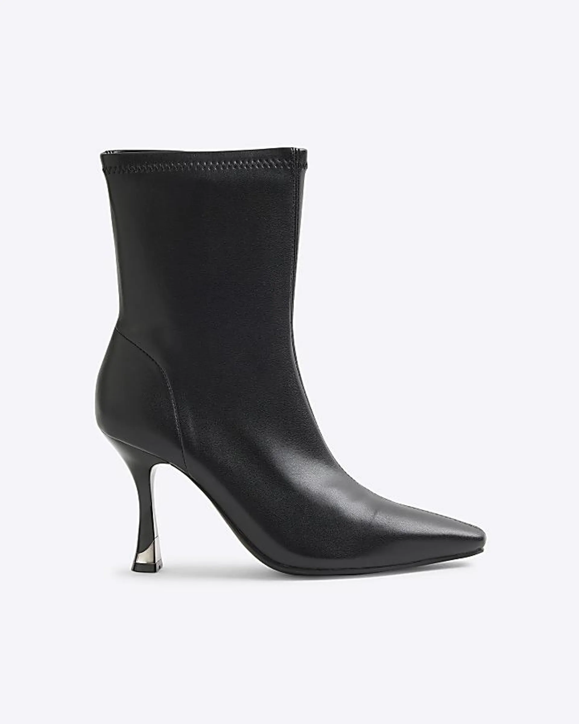 Black Faux Leather Heeled Sock Boots