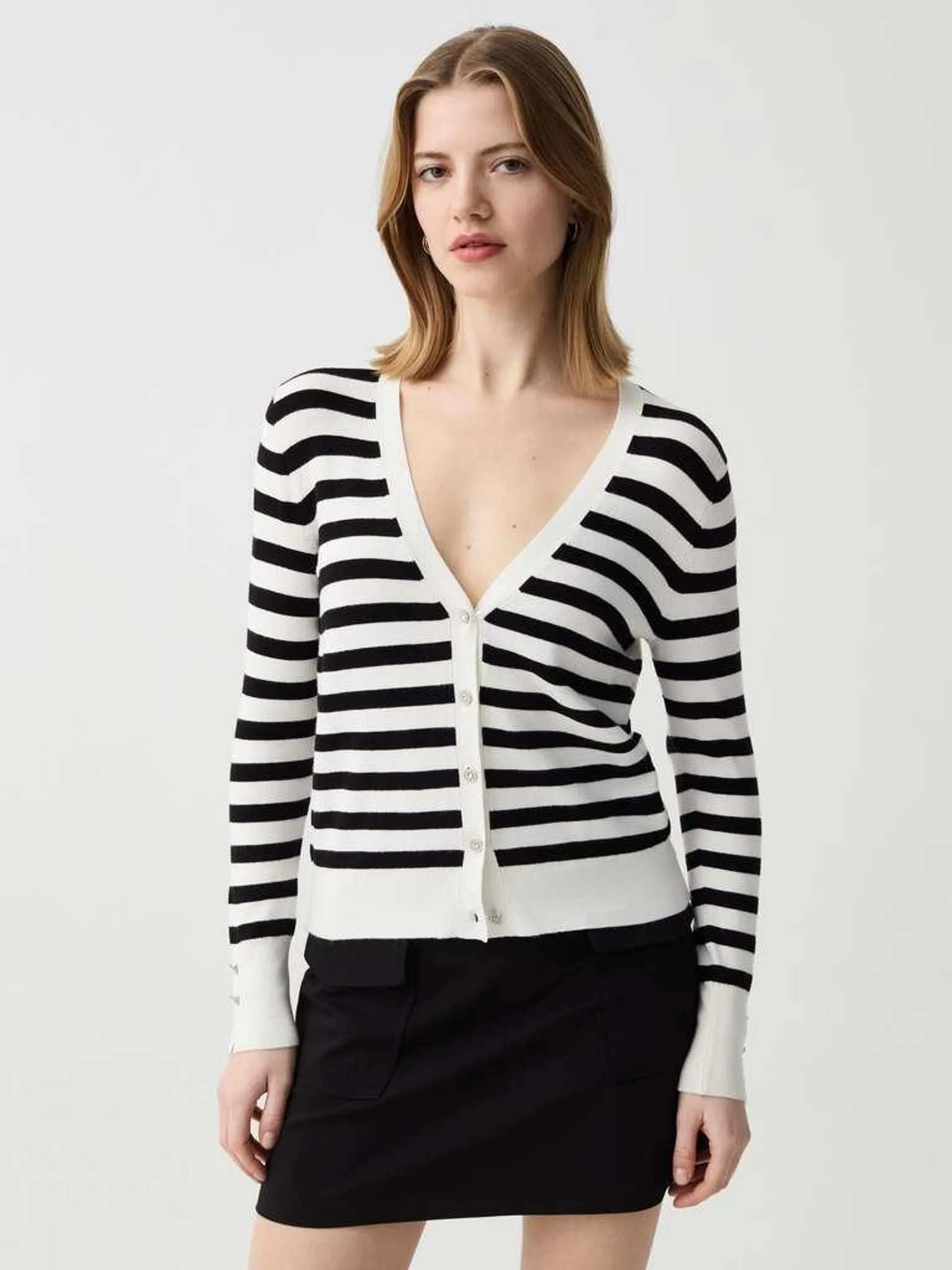 White/Black Striped cardigan with jewel buttons