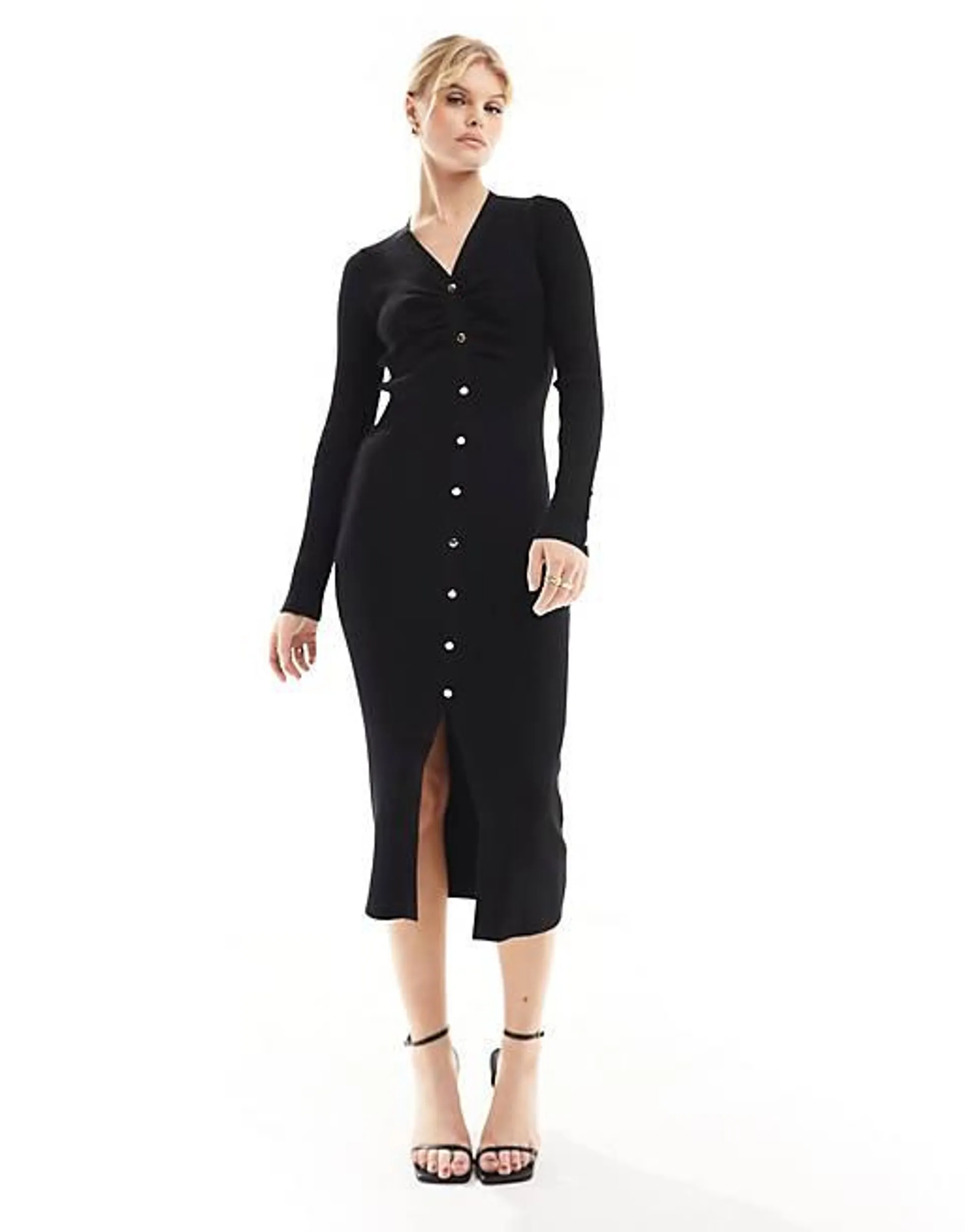 New Look - Gebreide gerimpelde midi-jurk met knoopsluiting in zwart
