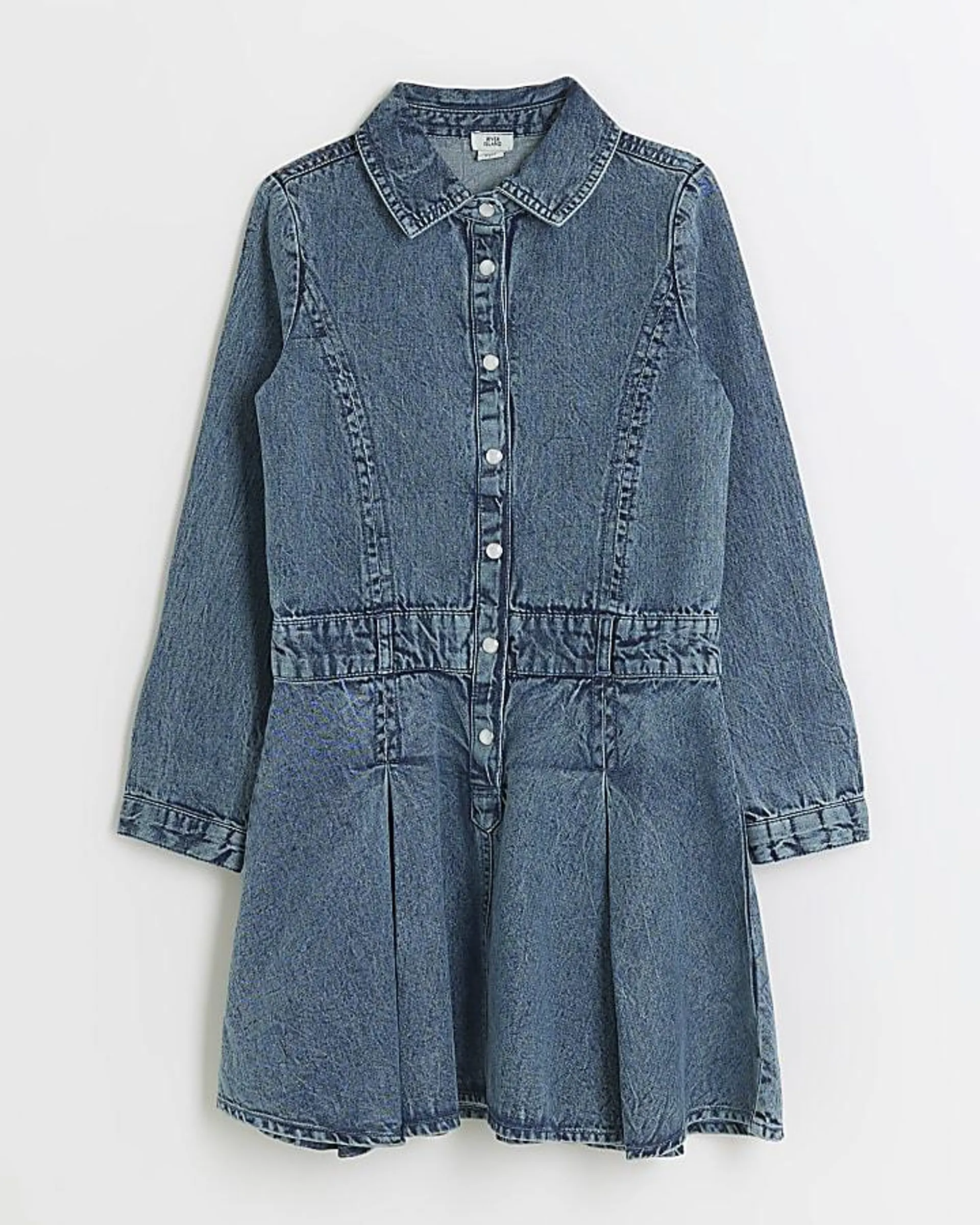 Girls blue pleated denim shirt dress