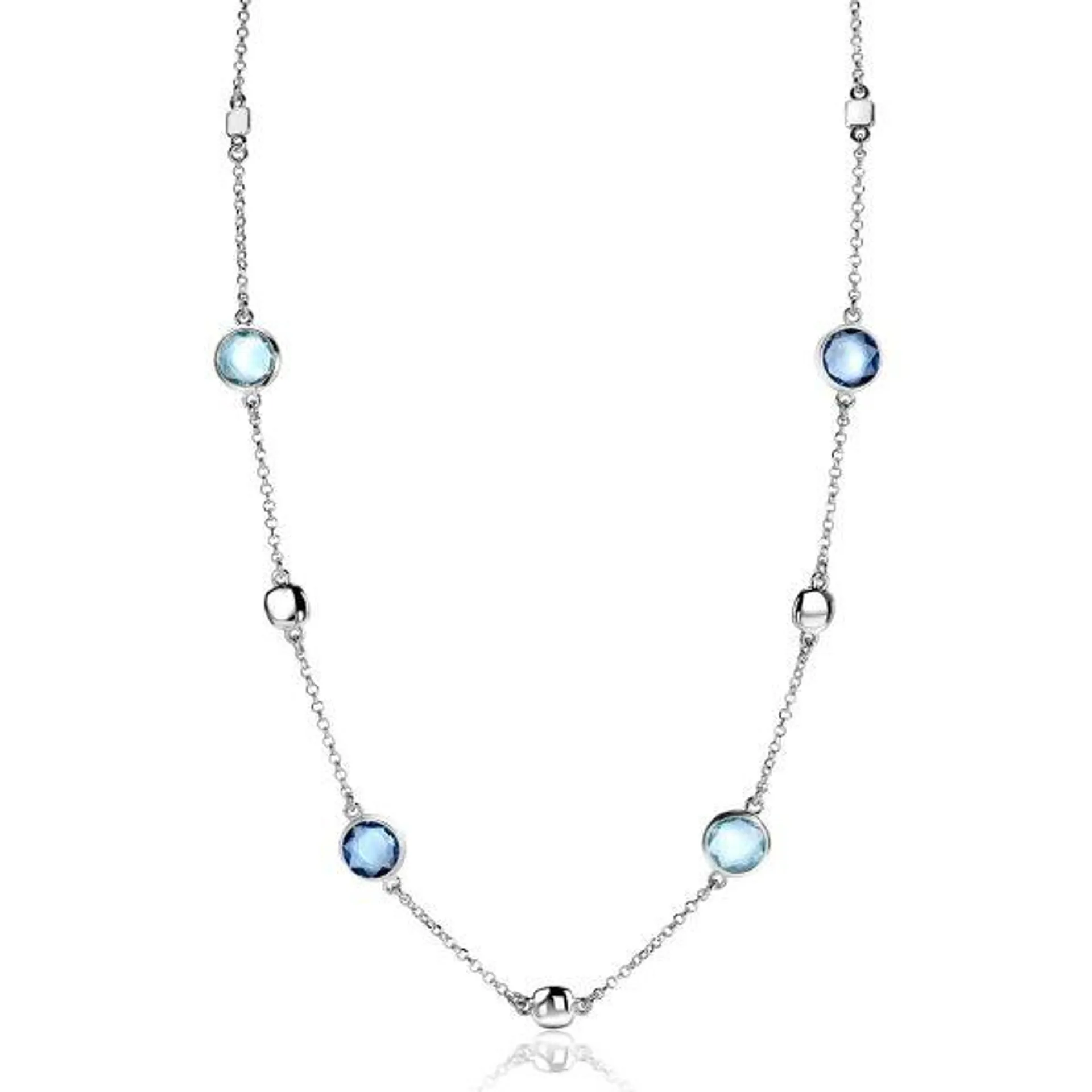 ZINZI Sterling Silver Necklace with alternatively Round Blue Color Stones and Shiny Square Charms 45-50cm ZIC-BF83