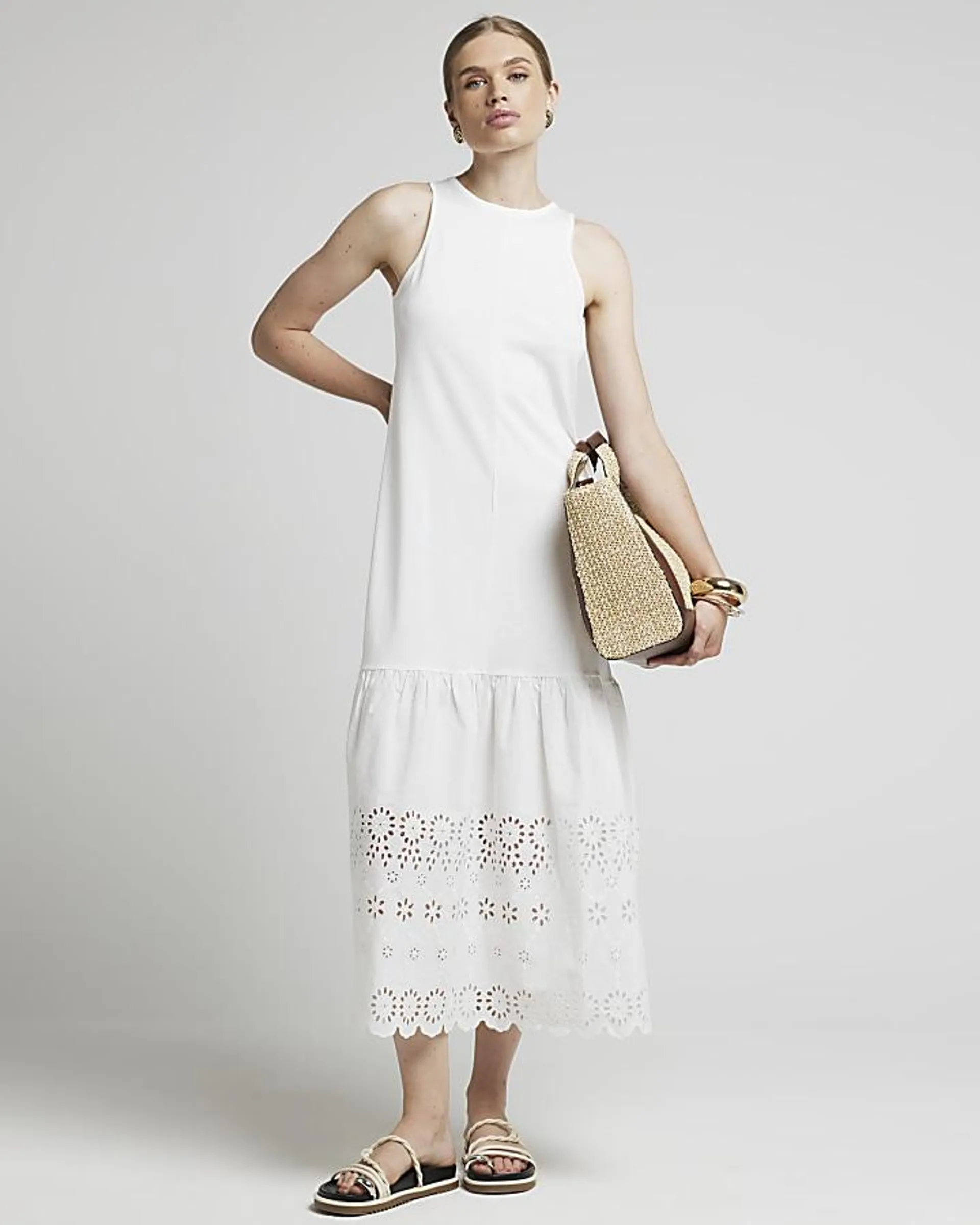 White Broderie Hem Shift Midi Dress