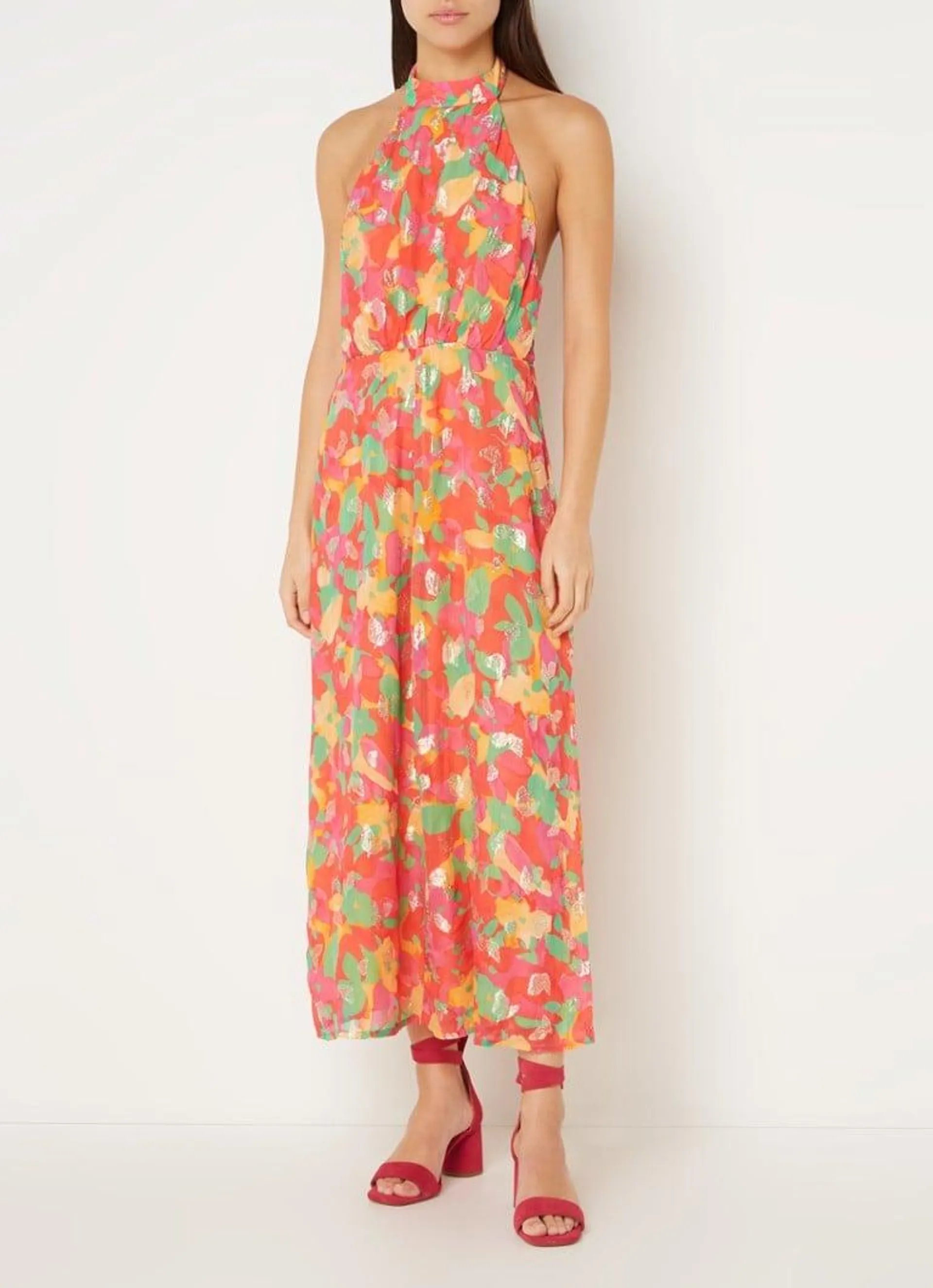 Tanya maxi halterjurk met print en lurex