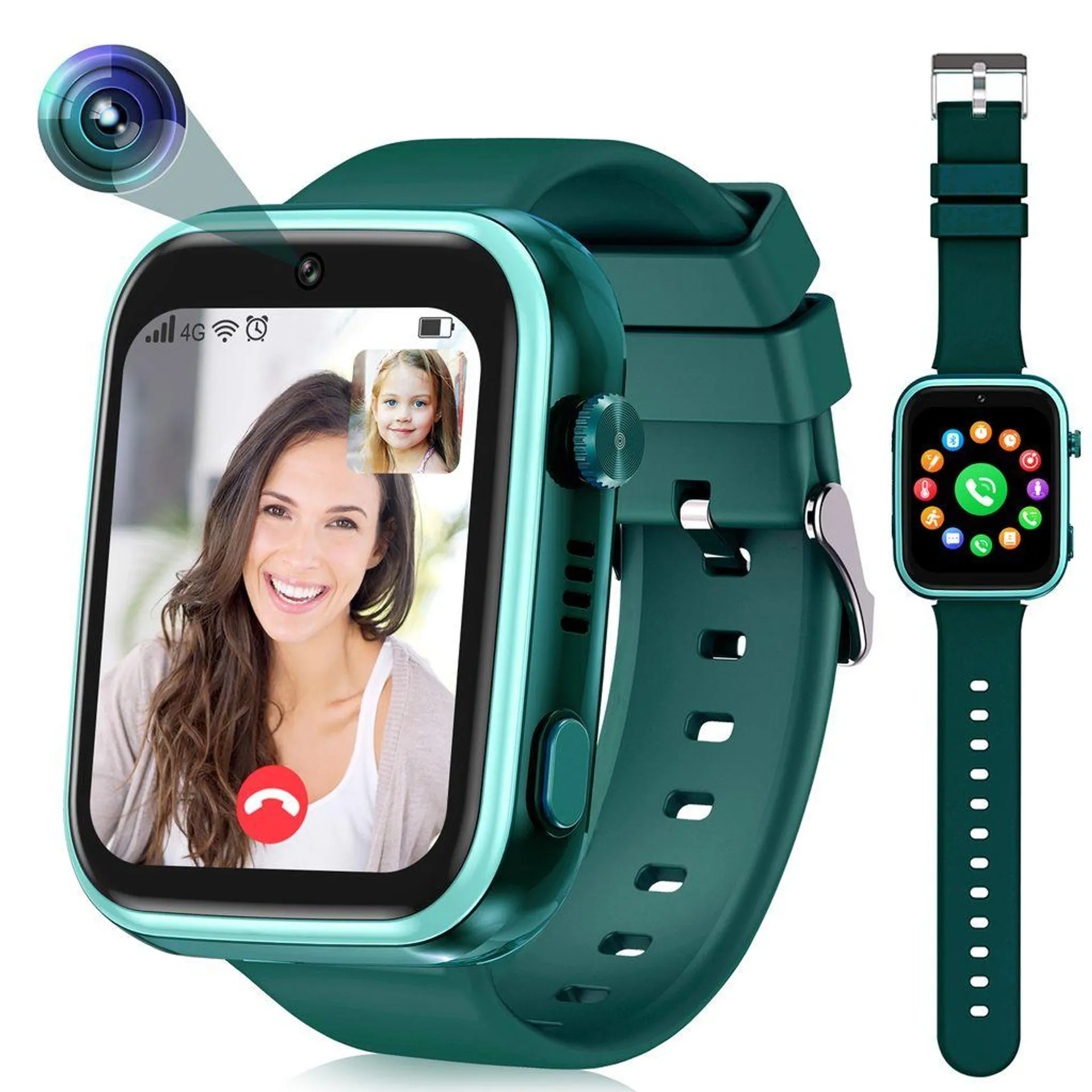 （Grün）Kinder-Smartwatch 4G mit GPS und Telefon, Smartwatch Kinder mit WLAN-Videoanruf-Kamera SOS, IP67 Wasserdichte Kinder-Smartwatch mit GPS-Echtzeitortung, Musik-Video-Player, Alarm