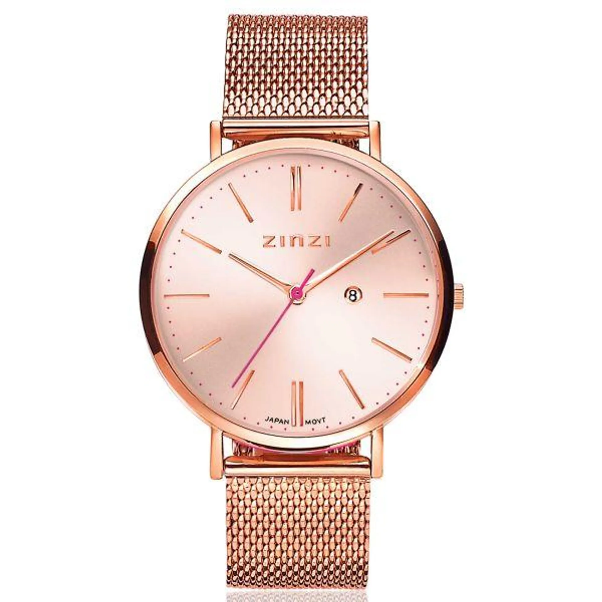 ZINZI Retro Watch Rose Colored Dial Case and Stainless Steel Mesh Strap 38mm ZIW405M