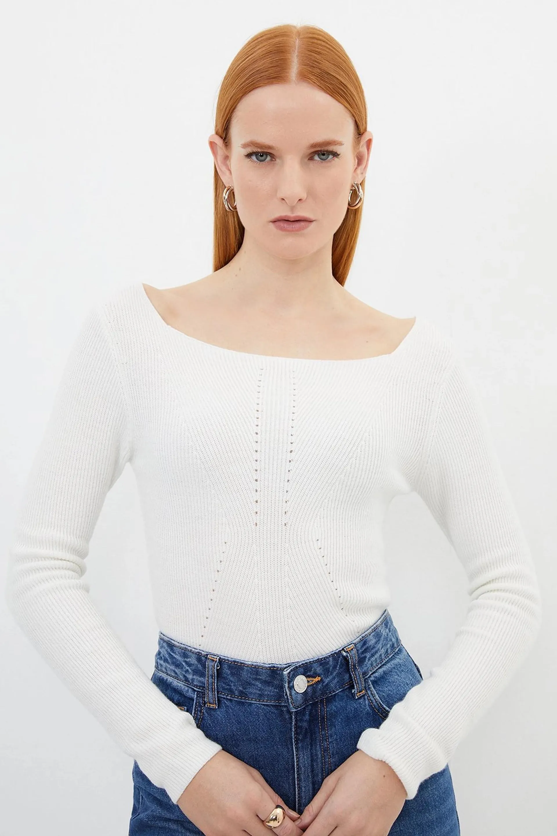 Premium Wool Blend Fashioned Rib Knit Square Neck Knit Top