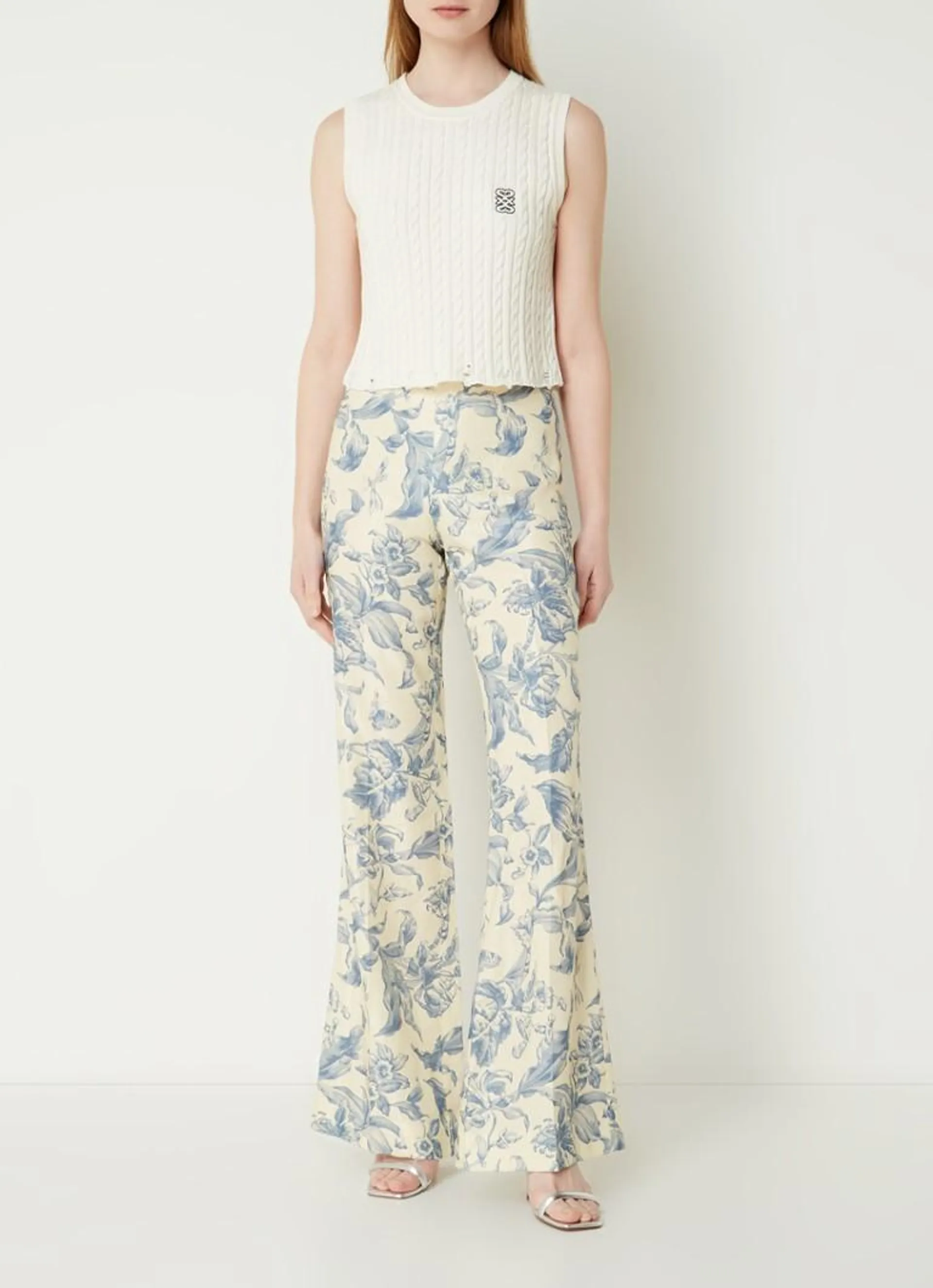 High waist flared fit pantalon in linnenblend met bloemenprint