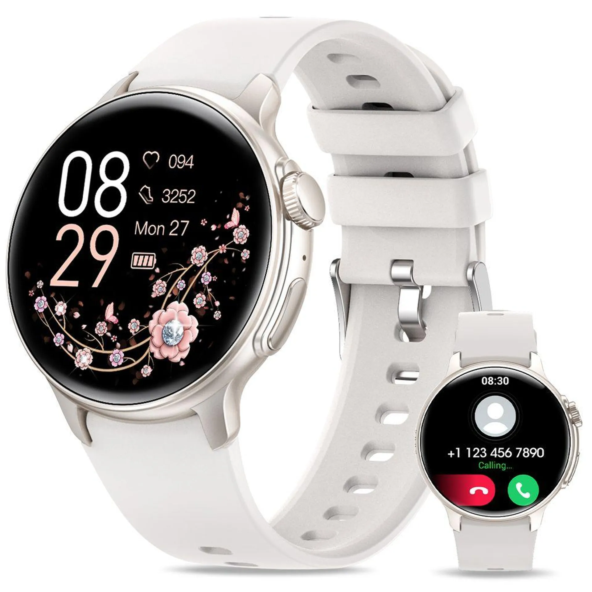 Smartwatch für Damen und Herren mit Telefonfunktion IP68 Wasserdicht Armbanduhr 1.43" AMOLED HD Voll Touchscreen, Silber