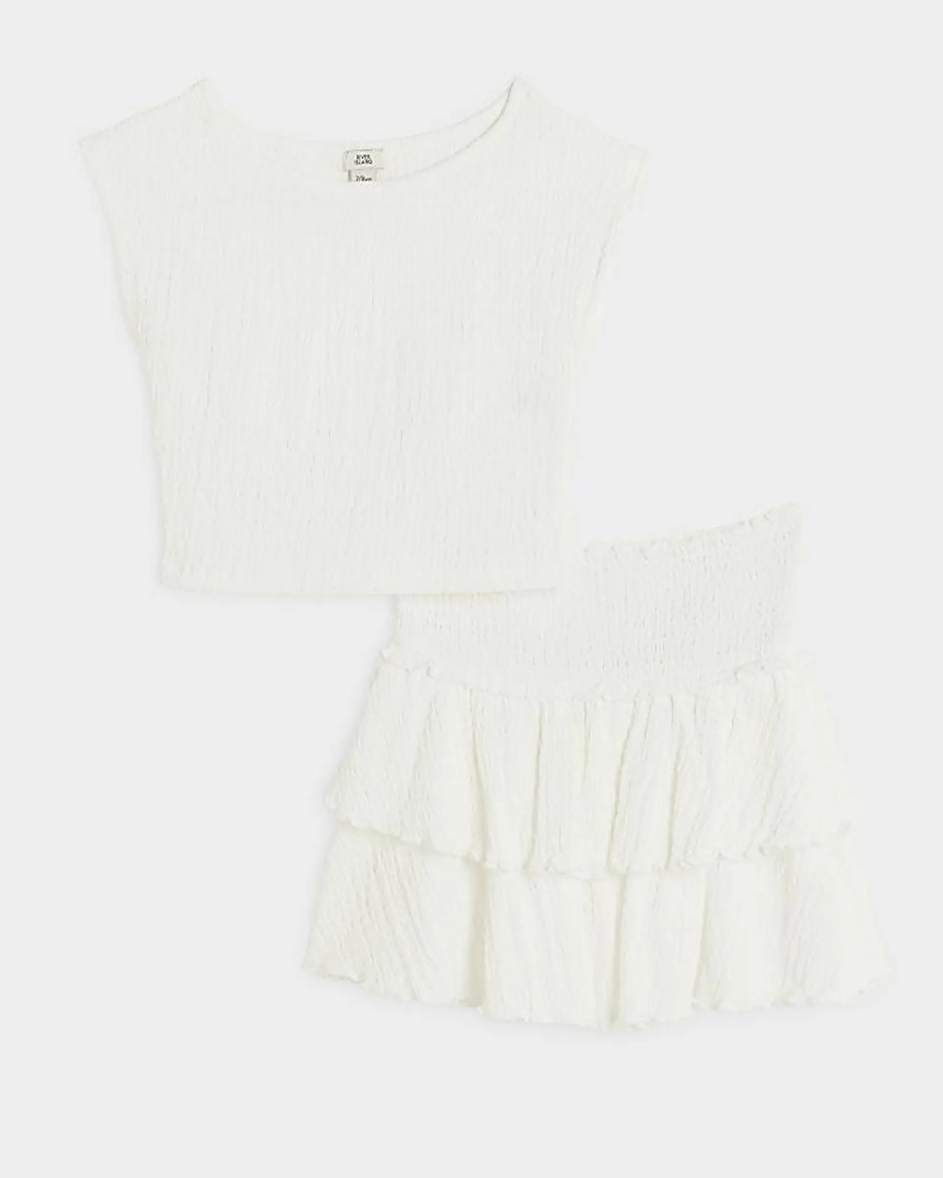 Girls white textured top and skirt set