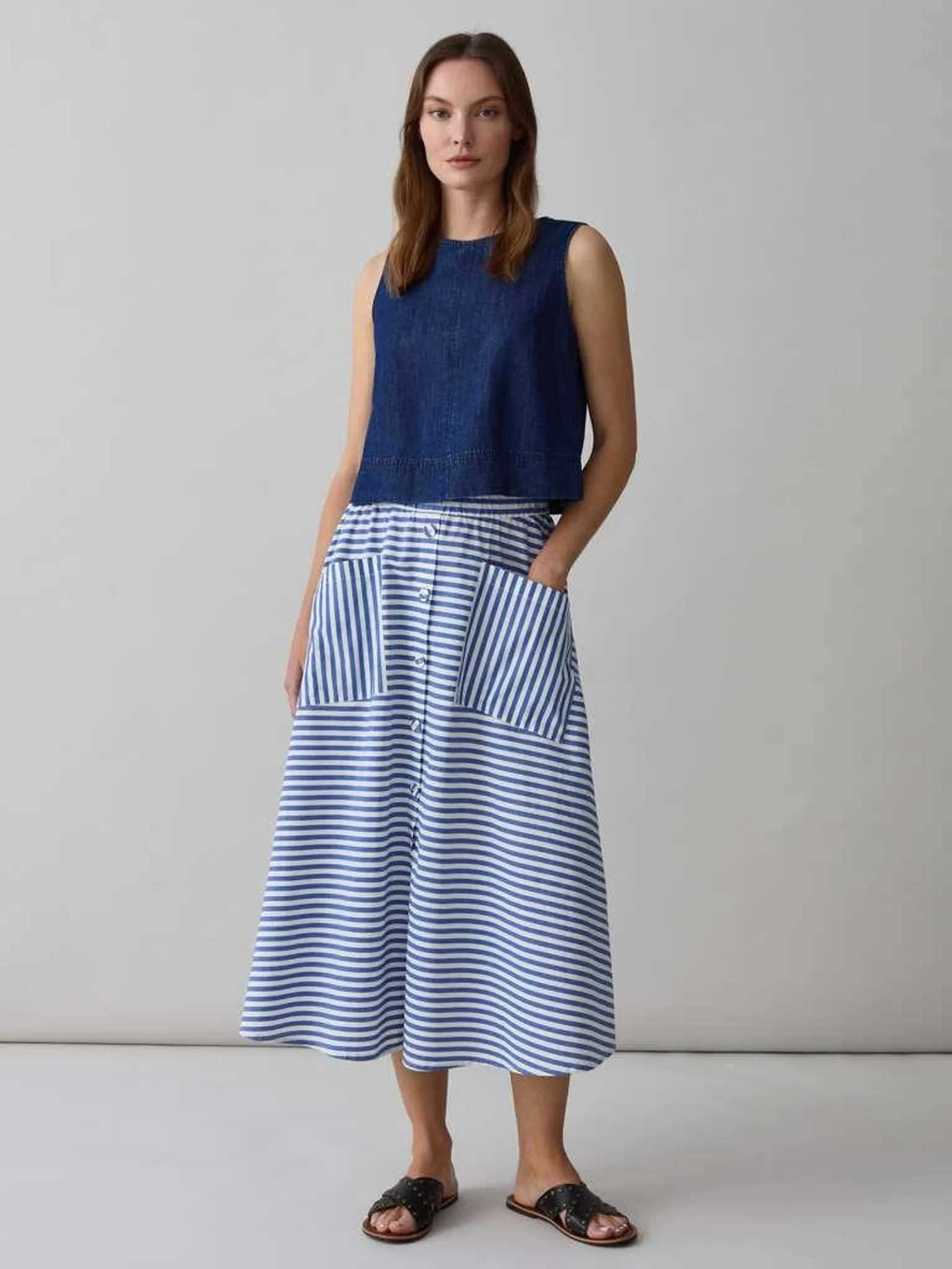 White/Blue Midi full skirt with striped print