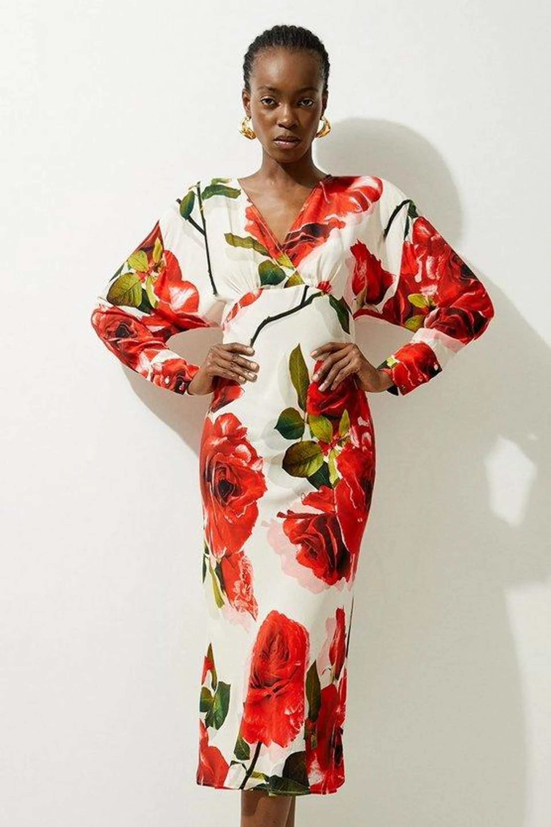 Rose Printed Morocain Woven V Neck Midaxi Dress