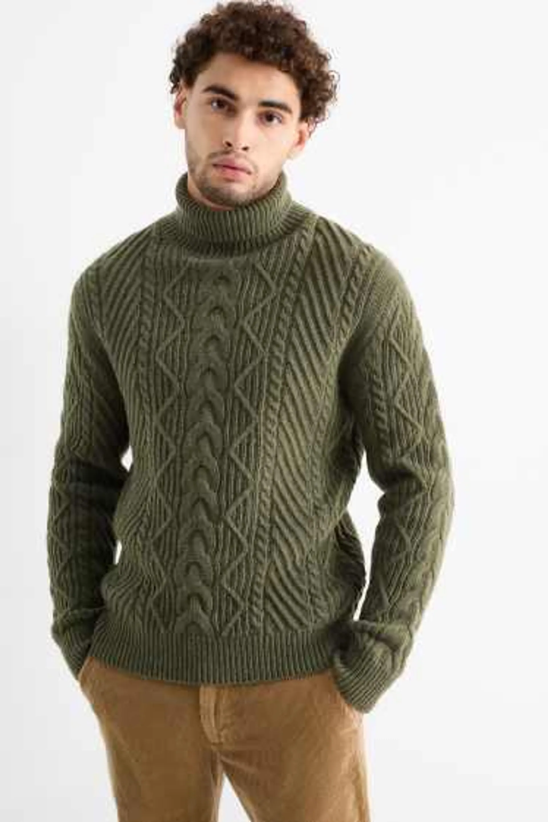 Polo neck jumper - wool blend - cable knit pattern