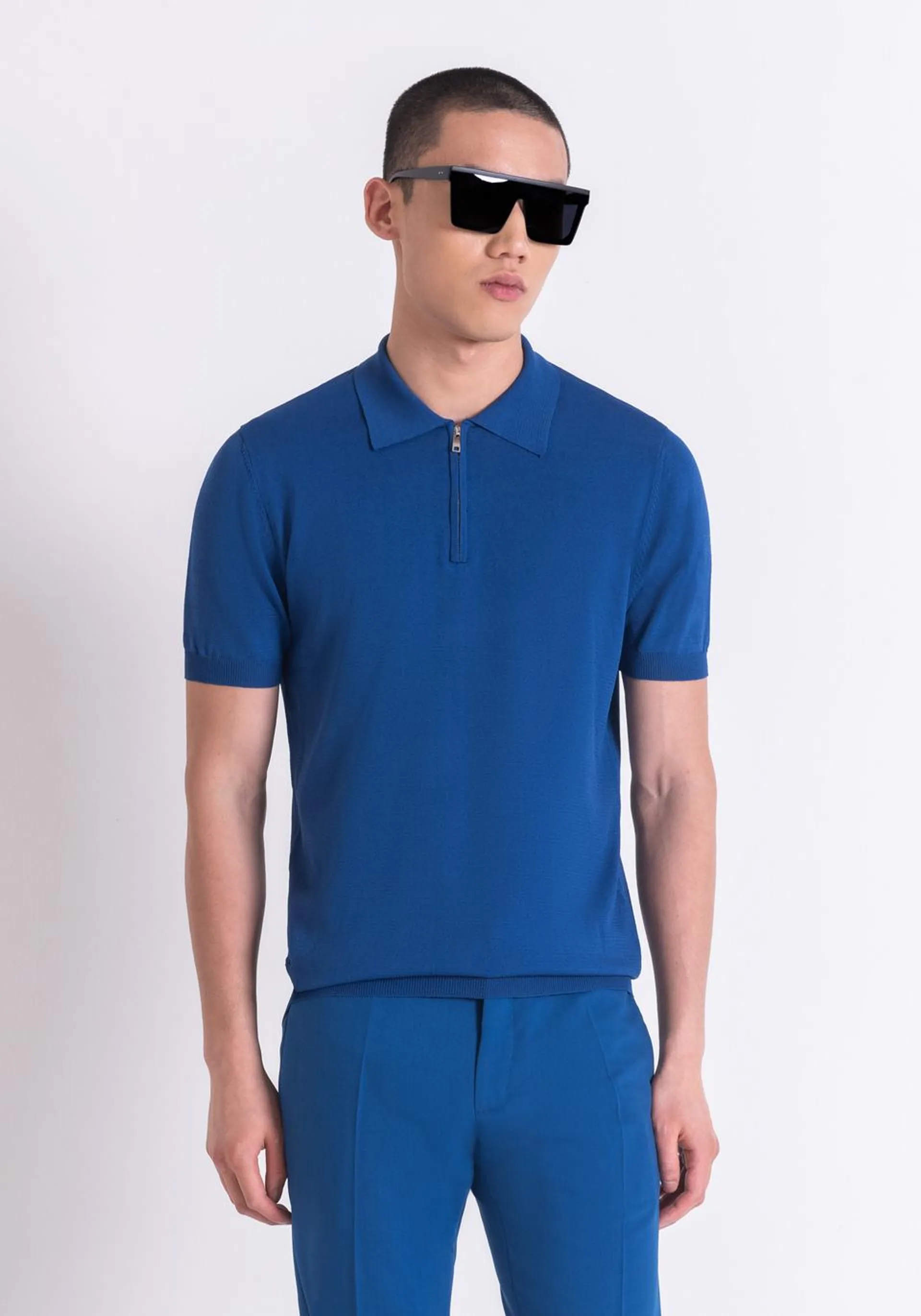 SUPER SLIM FIT POLO SHIRT IN SOFT VISCOSE BLEND YARN WITH ZIP