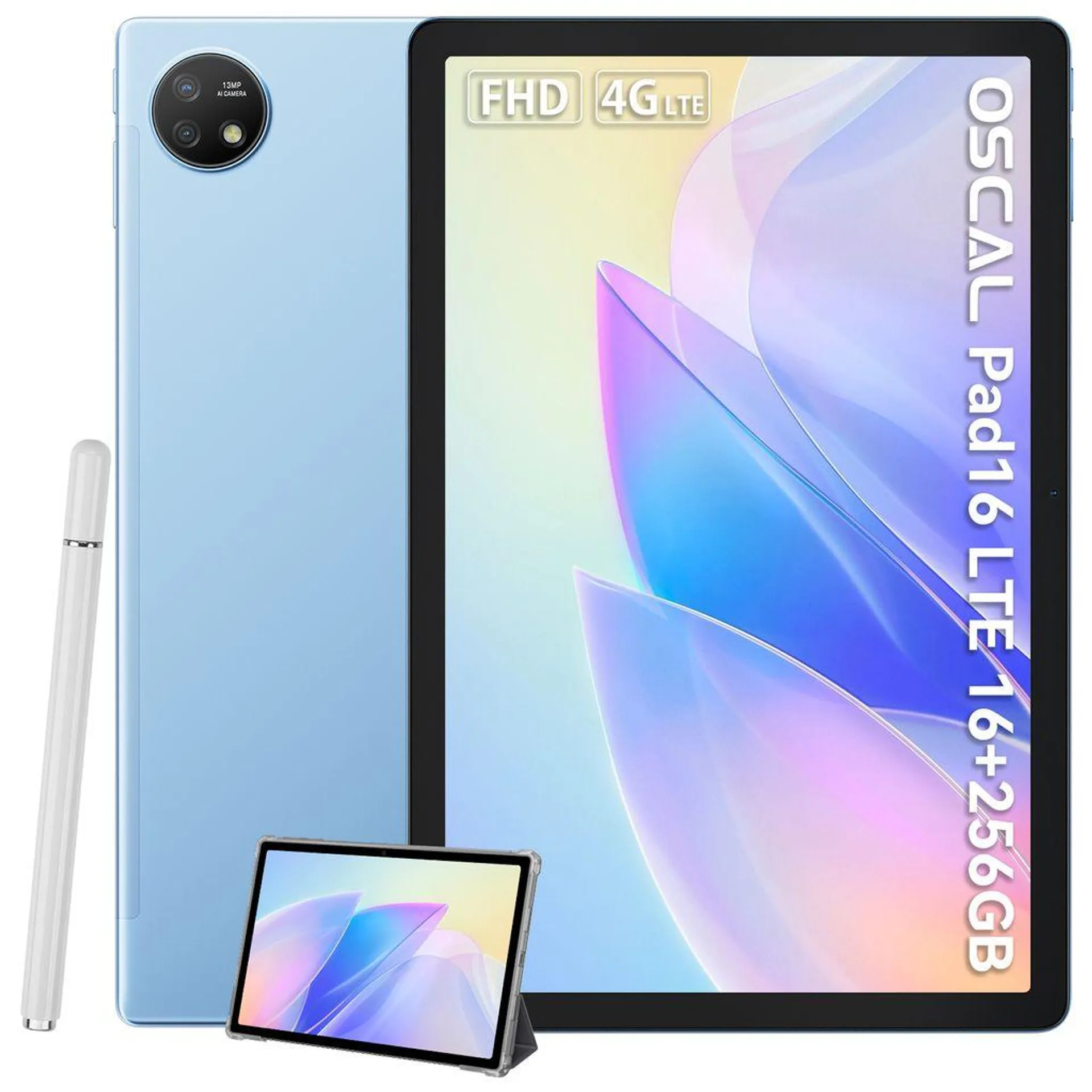 OSCAL Pad 16 Tablet 10,5 Zoll mit Touchstift und Hülle, 16GB RAM+256GB ROM, 8200mAh Akku, 13MP Kamera, Gesichtserkennung, Dual SIM 4G, 5G WiFi, Blau