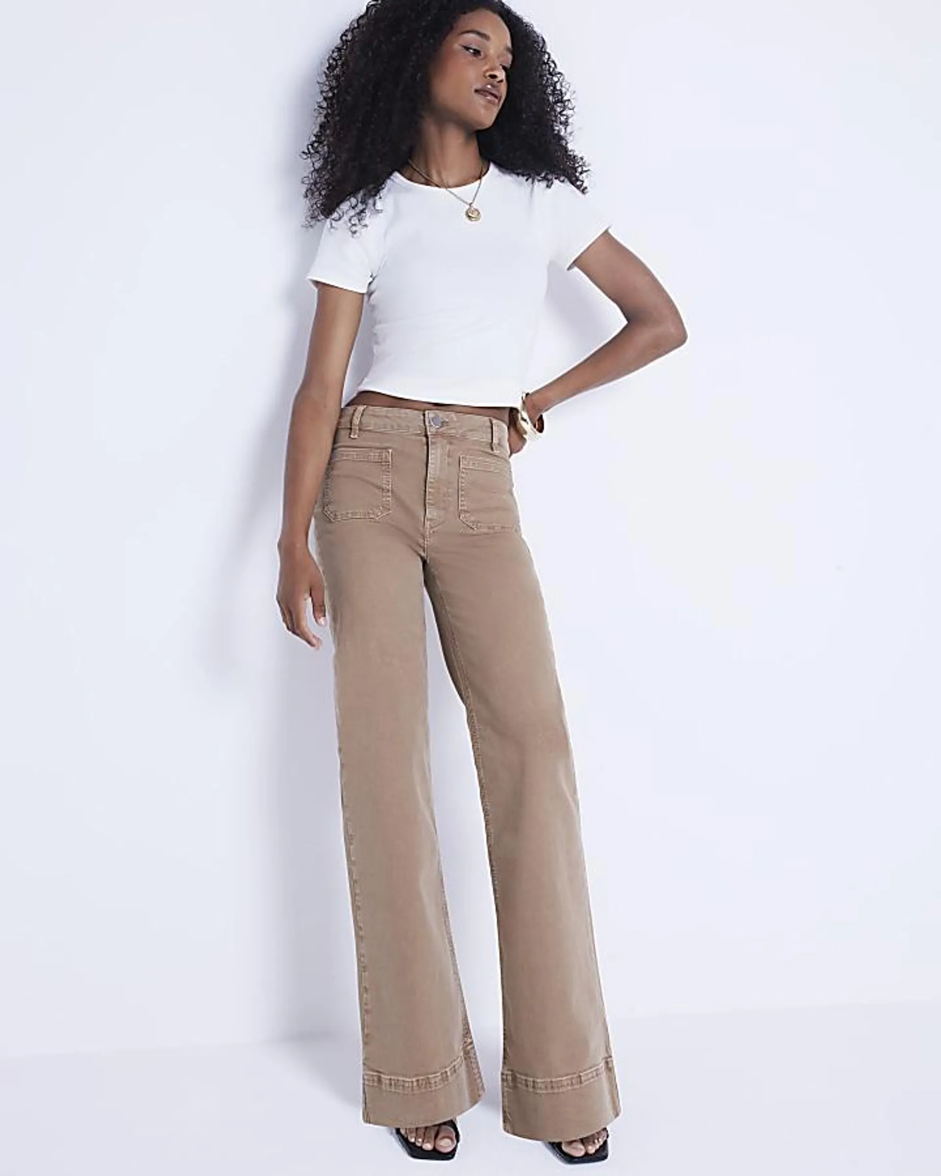 Beige High Waisted wide leg jeans