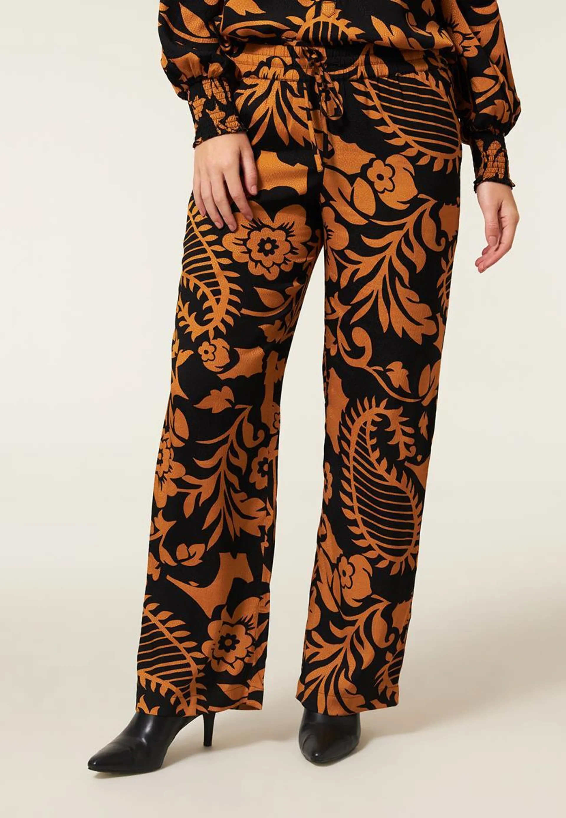 Broek jacquard wide leg print oranje