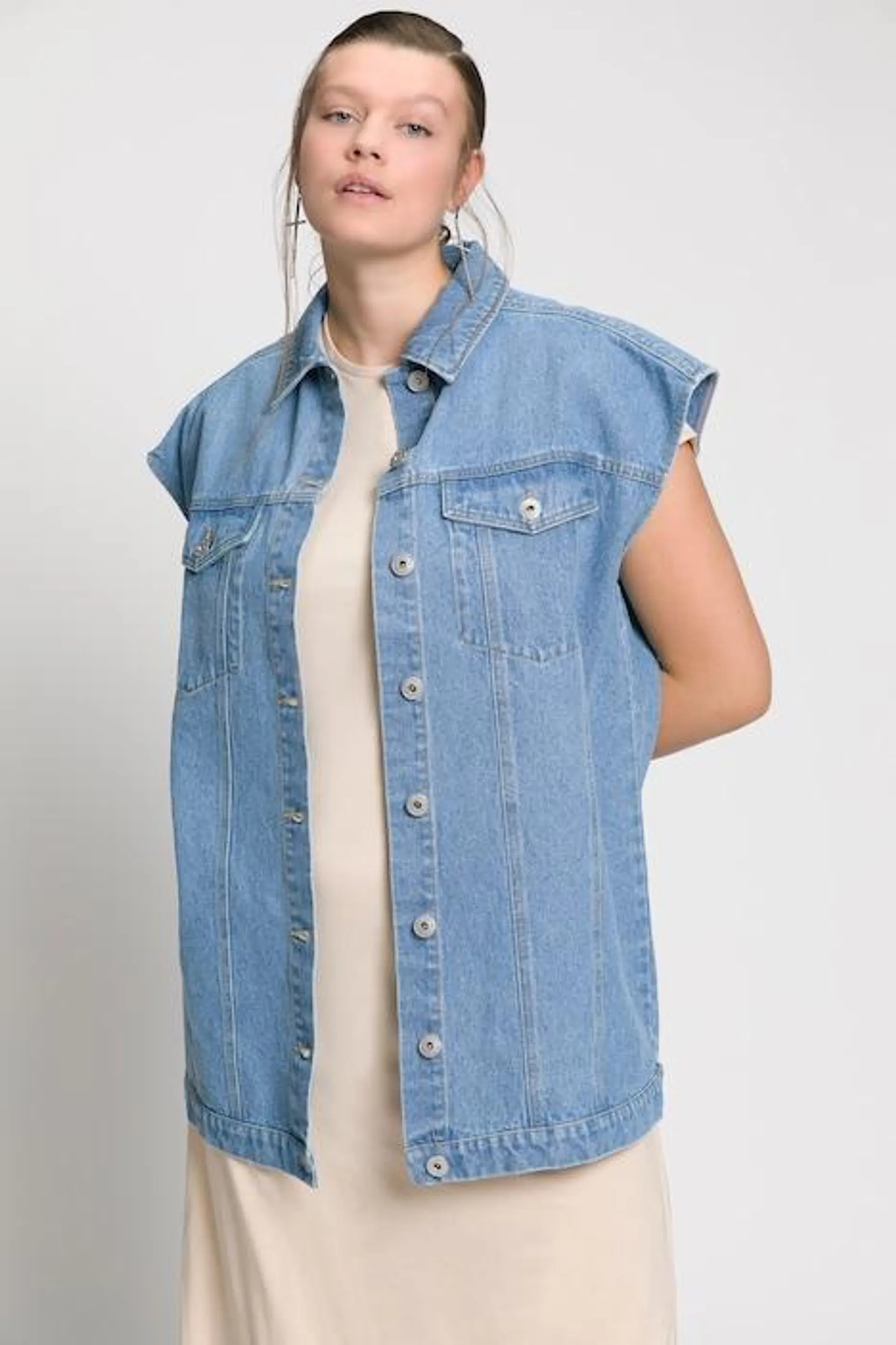 jeans gilet, oversized, overhemdkraag, 4 zakken