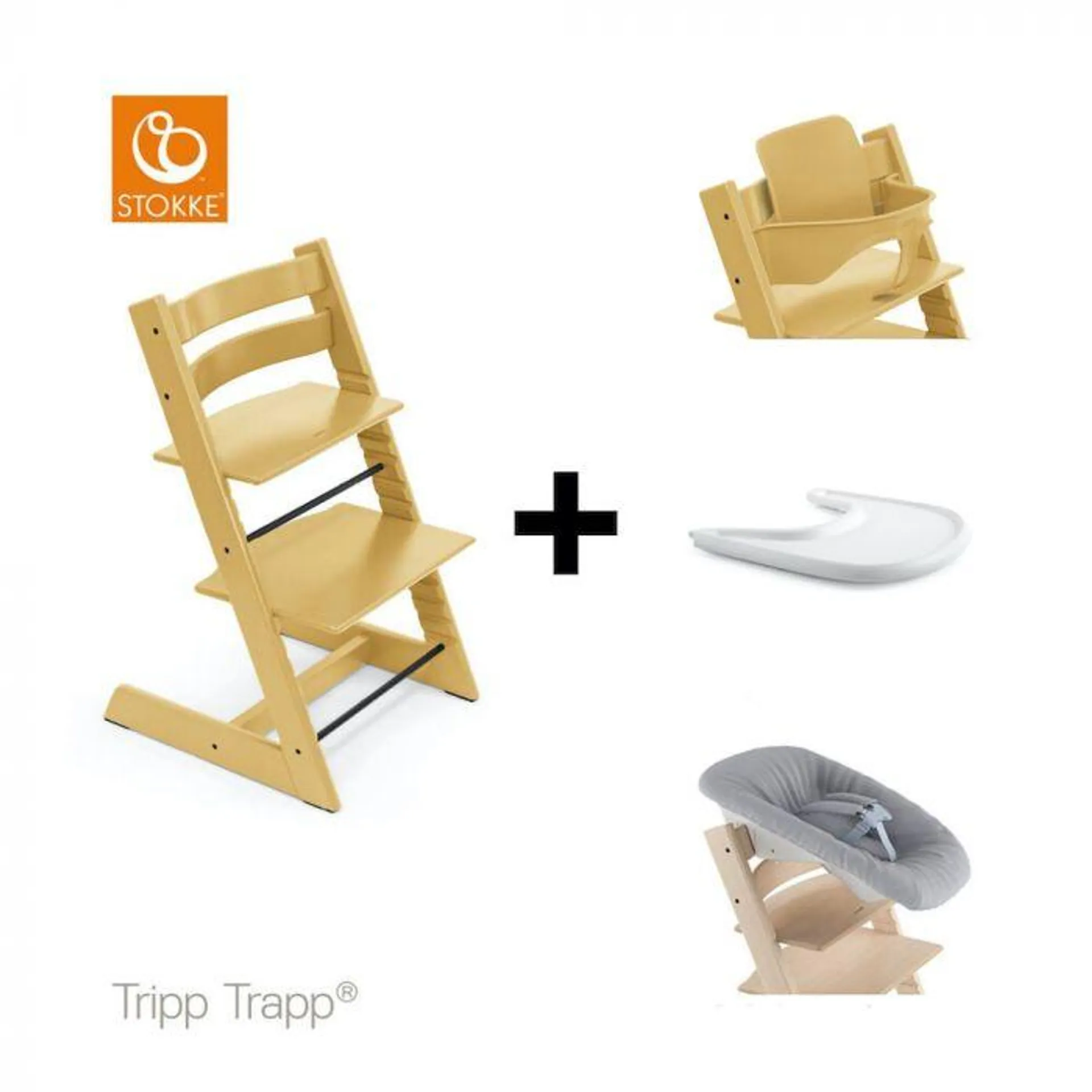 Stokke® Kinderstoel Tripp Trapp® Sunflower Yellow + Newborn Set™ + Baby Set™ Sunflower Yellow + Tray™