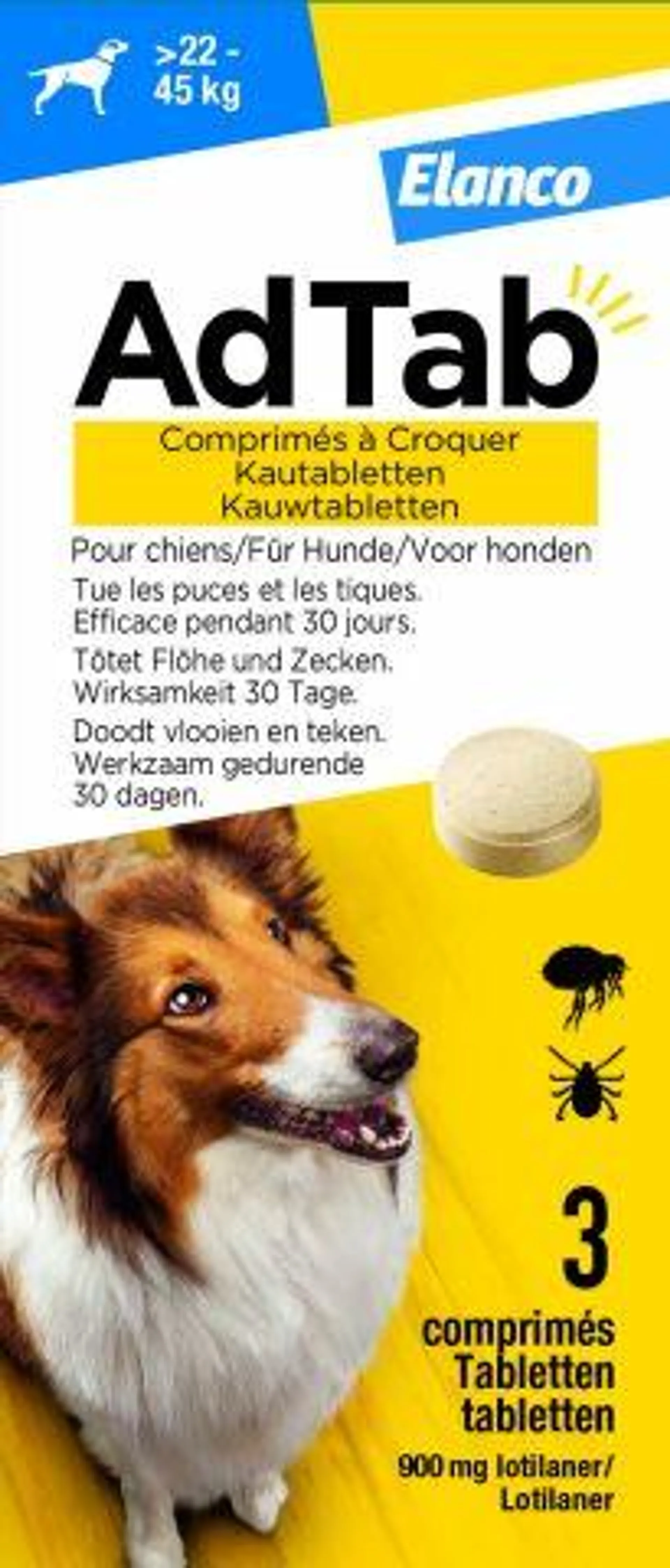 AdTab Kauwtablet - Anti Vlooien en teken - Hond - 22-45 kg - 3 stuks