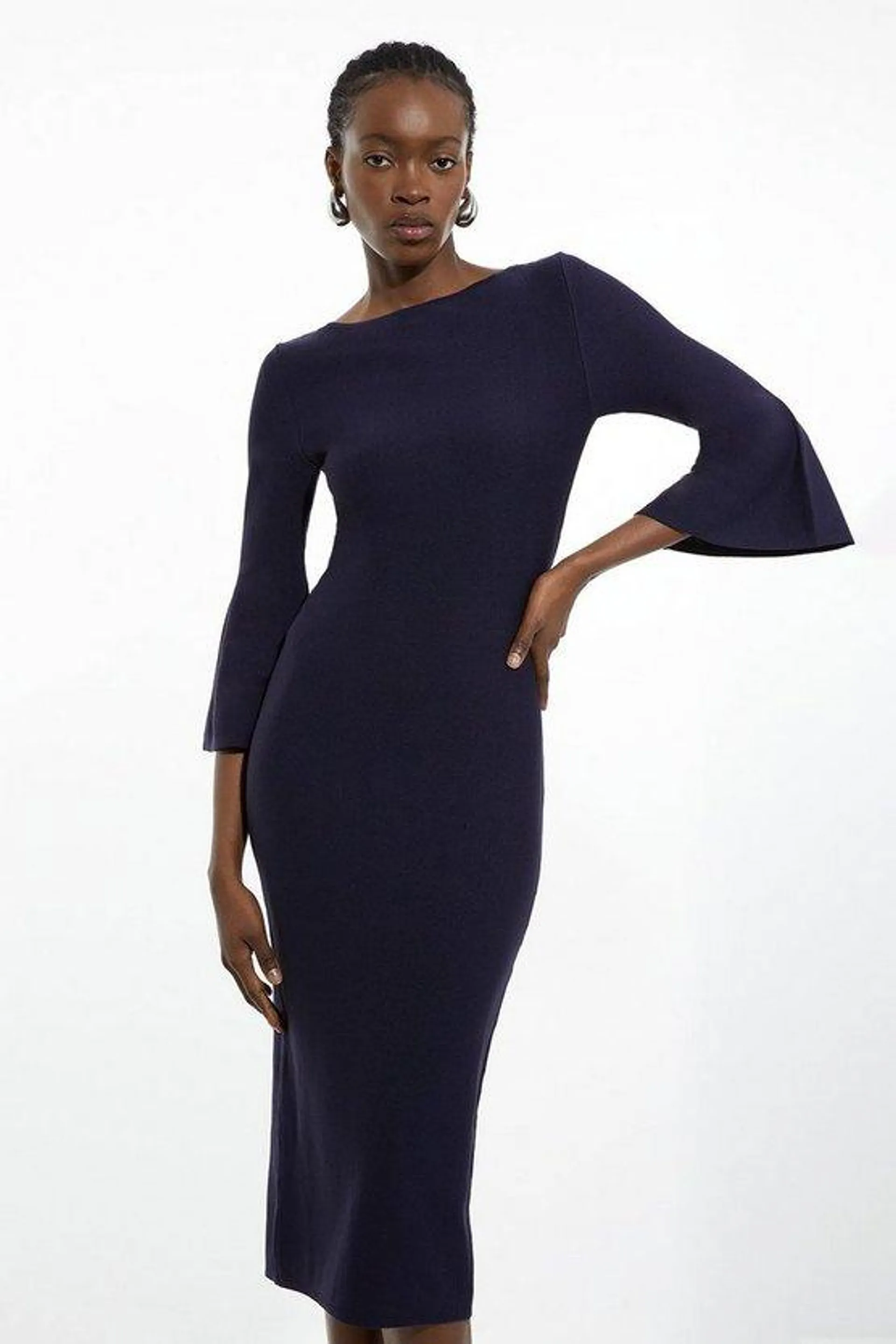 Viscose Blend Look Knit Midi Dress With Fluted Sleeve