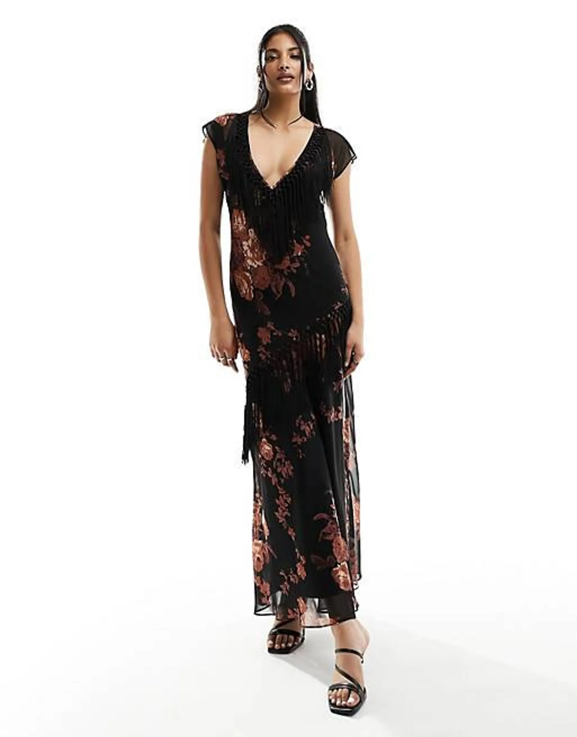 ASOS DESIGN - Mouwloze midi jurk met V-hals, versiering van franje en bloemenprint