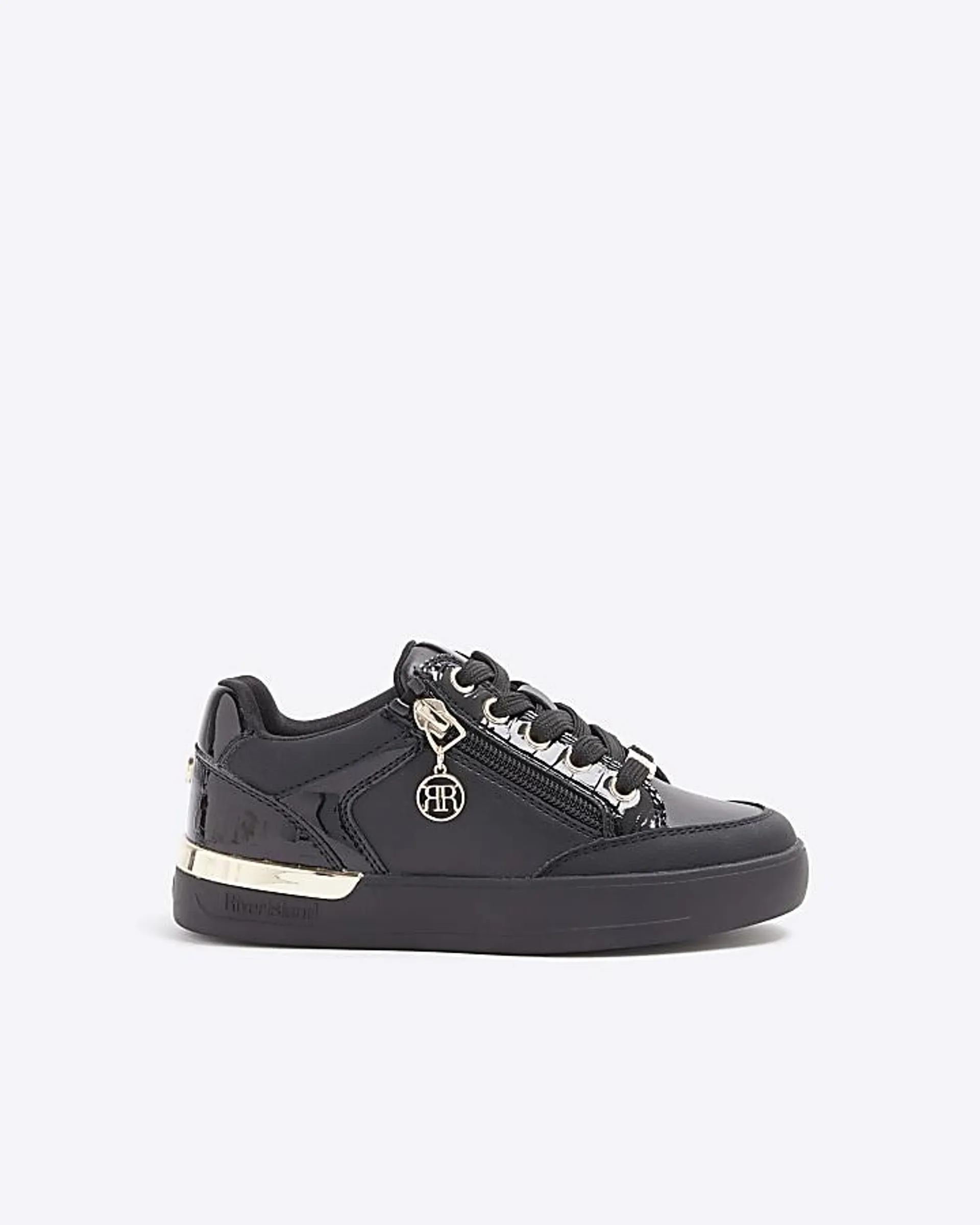 Girls black patent zip detail trainers