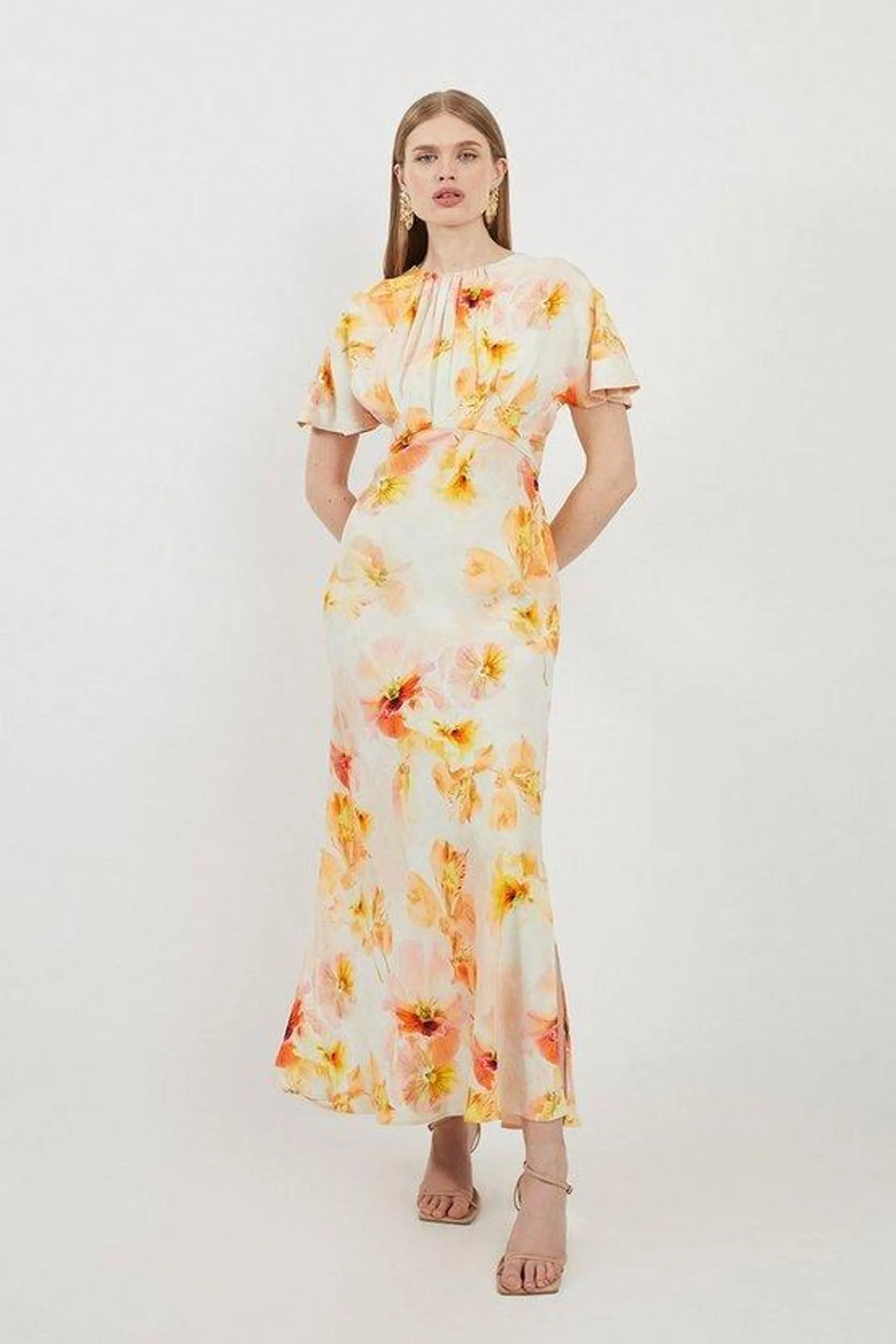 Delicate Floral Satin Back Crepe Woven Maxi Dress