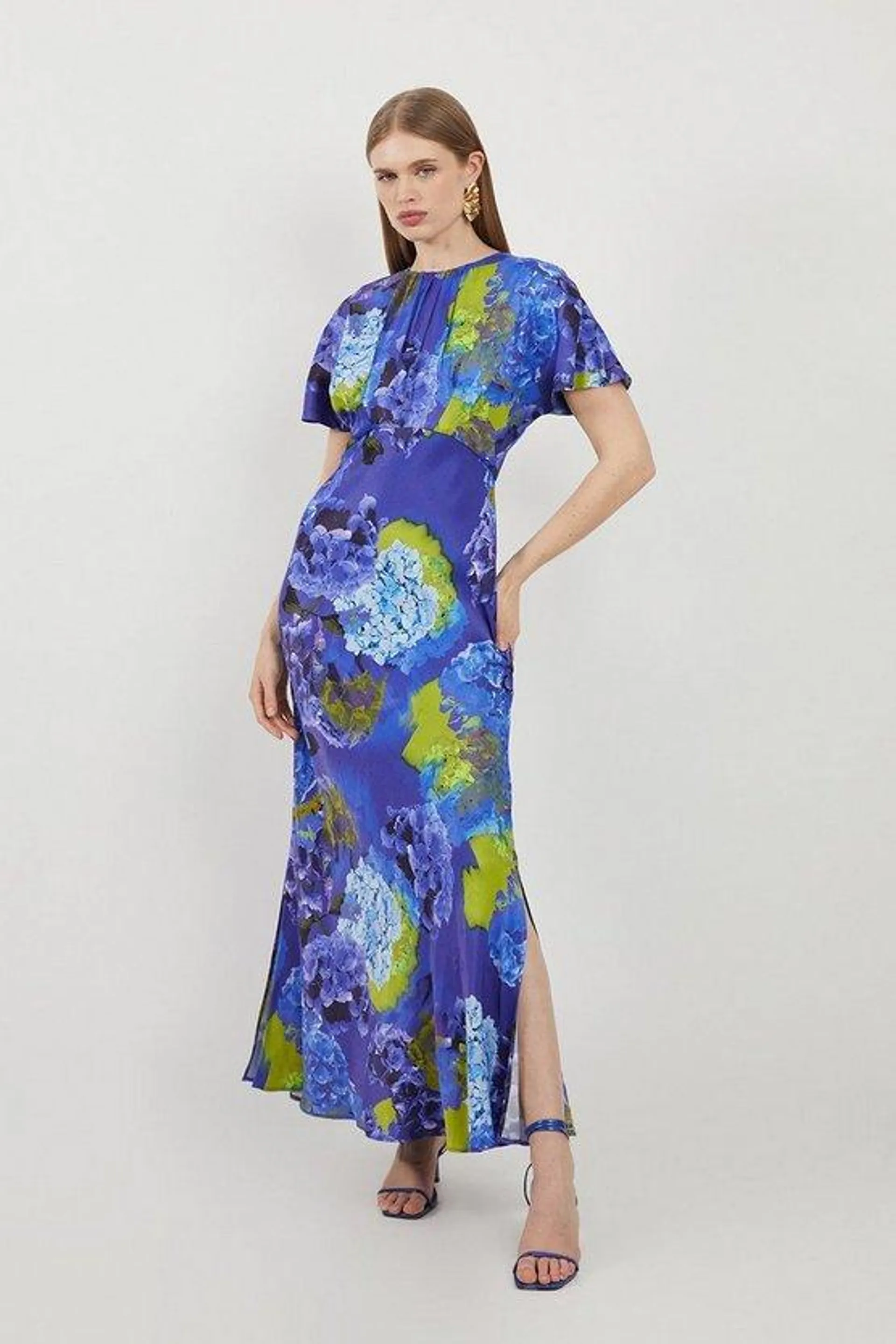 Bright Floral Printed Satin Back Crepe Woven Maxi Dress