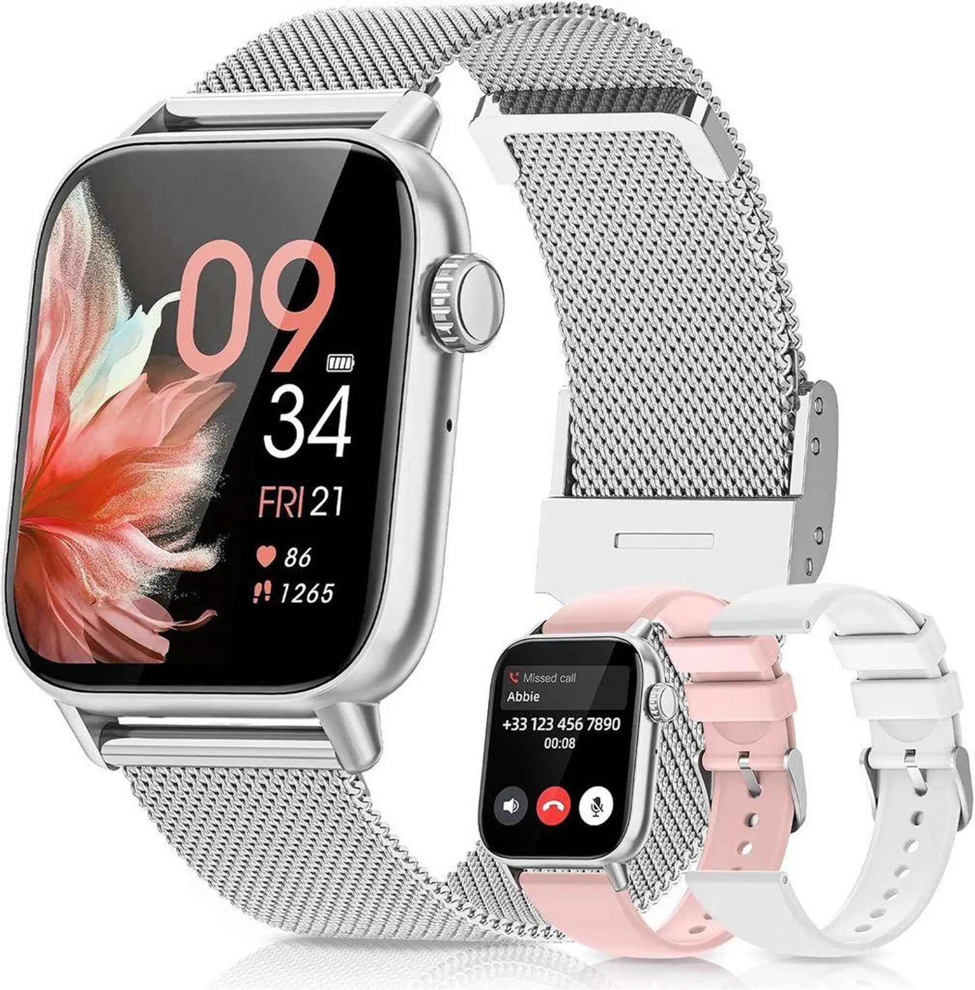 Sanorum Smartwatch 1.85 Zoll Damen Rosa, mit Telefonfunktion, Fitness Tracker, Herzfrequenz, SpO2, Schlafmonitor, 120+ Sportmodi, KI-Assistent, Zyklus-Verfolgung, IP68 Wasserdicht, für Android & iOS, Edelstahl, Silikon, Milanaise Armband