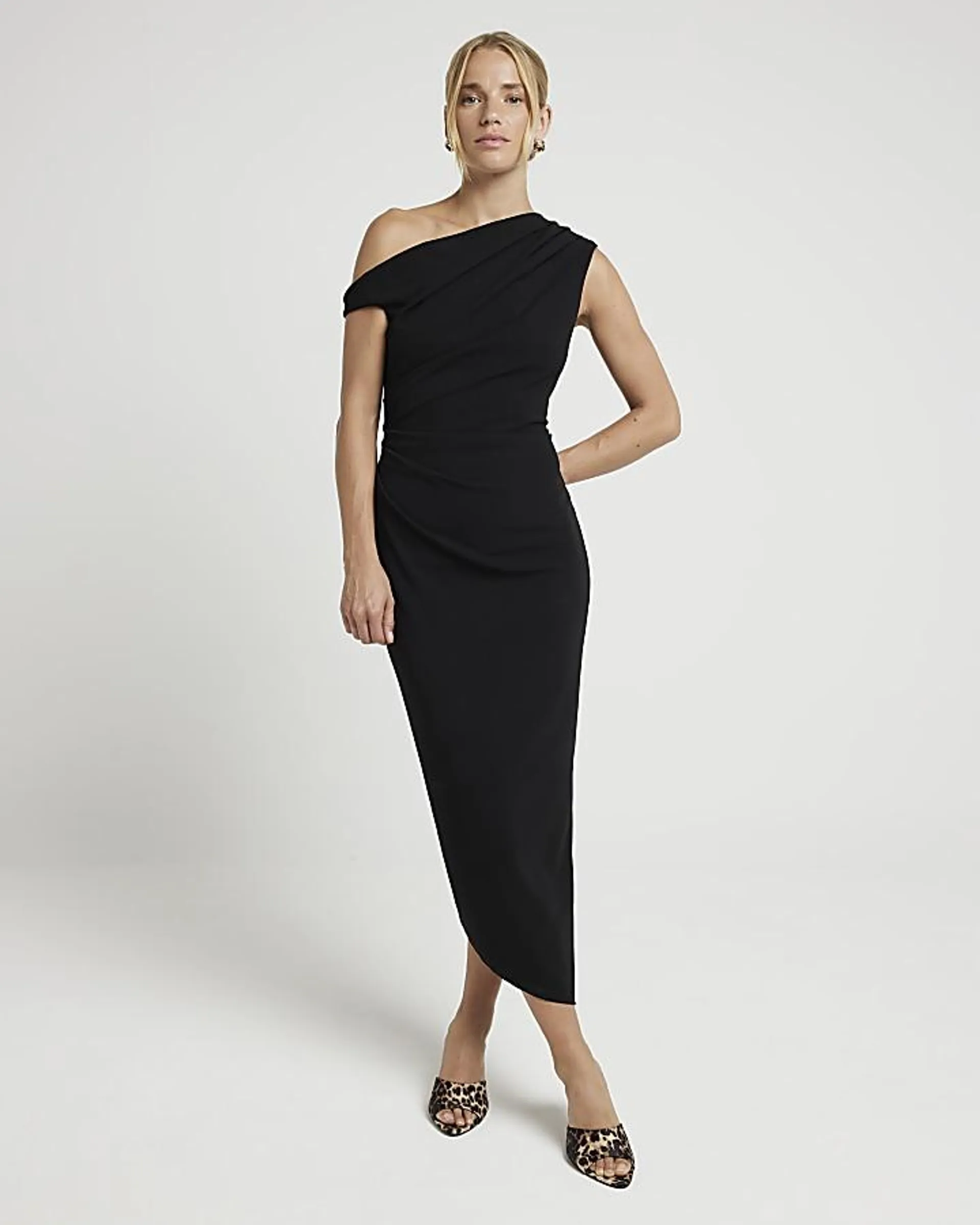 Black off shoulder bodycon midi dress