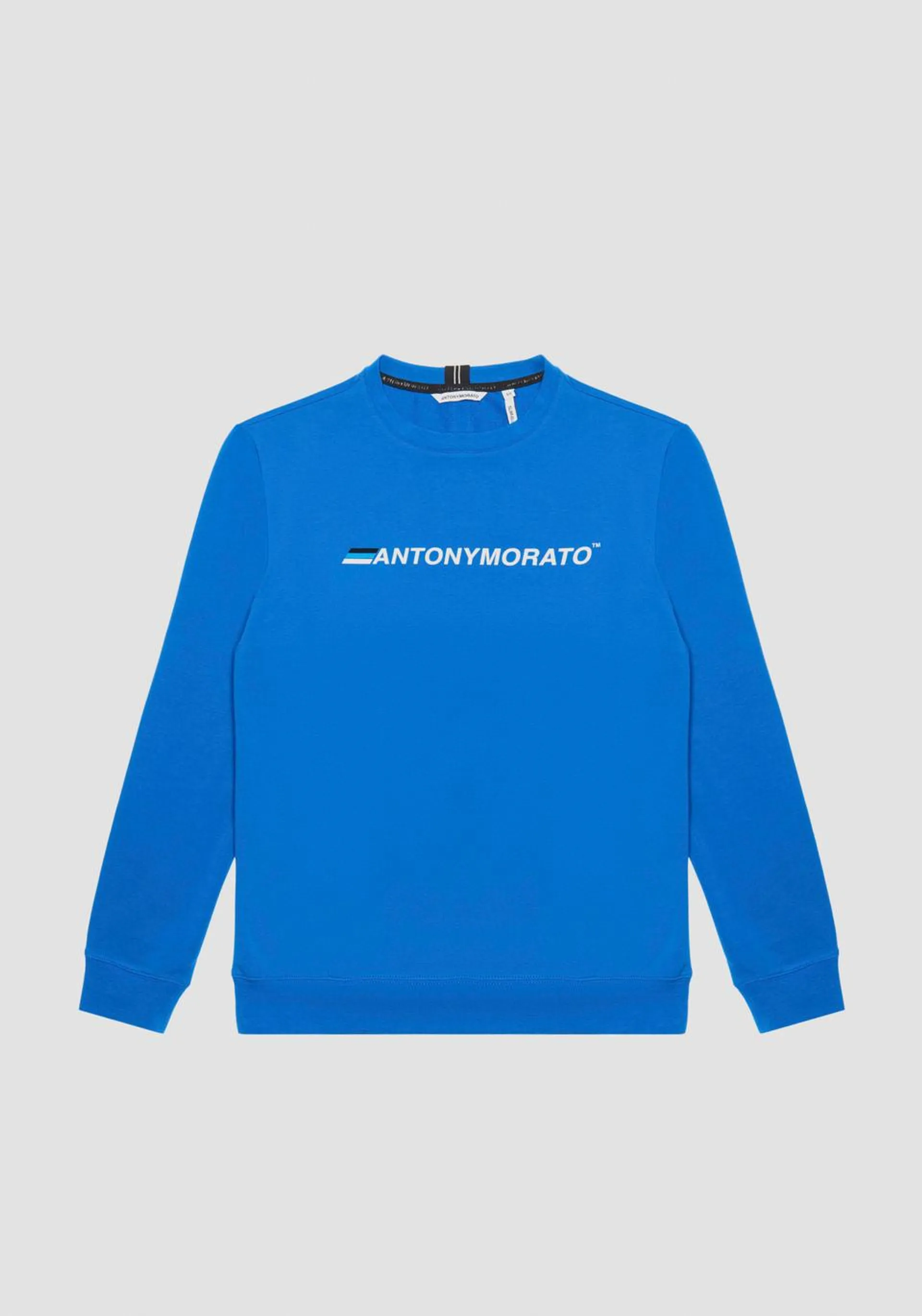 SLIM FIT SWEATSHIRT IN ELASTIC COTTON WITH INJECTION MOLDED LOGO PRINT