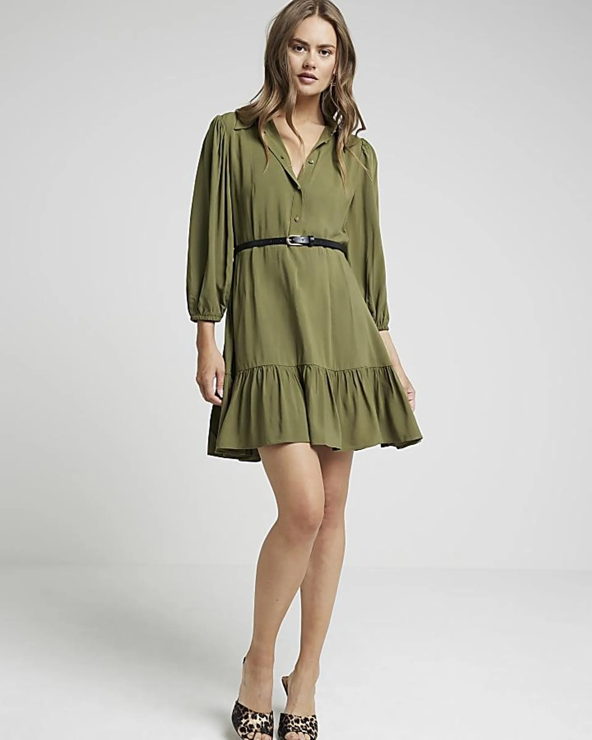 Khaki belted peplum mini shirt dress