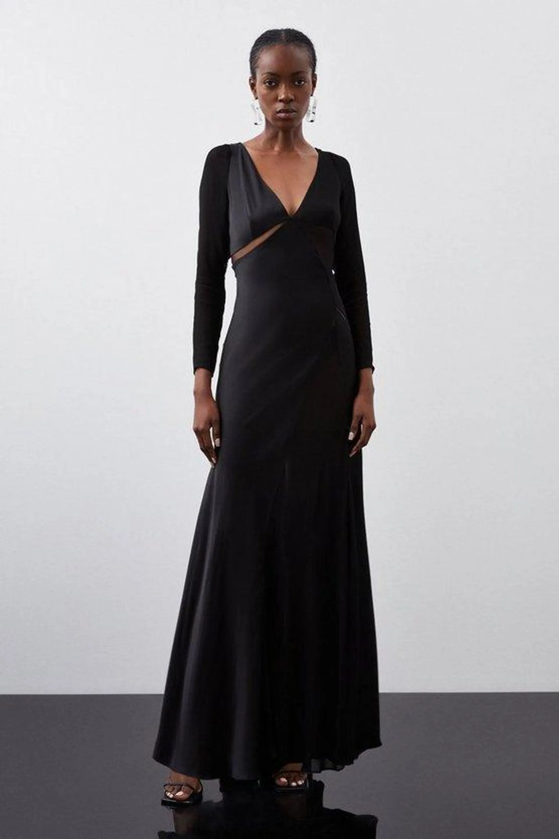 Ooto Sheer Panelled Long Sleeve Woven Maxi Dress