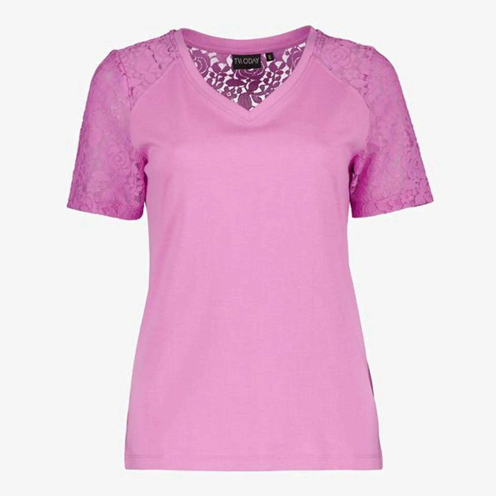 Roze TwoDay T-shirt voor dames met kant. Dit mooie shirt heeft V-hals en ko...