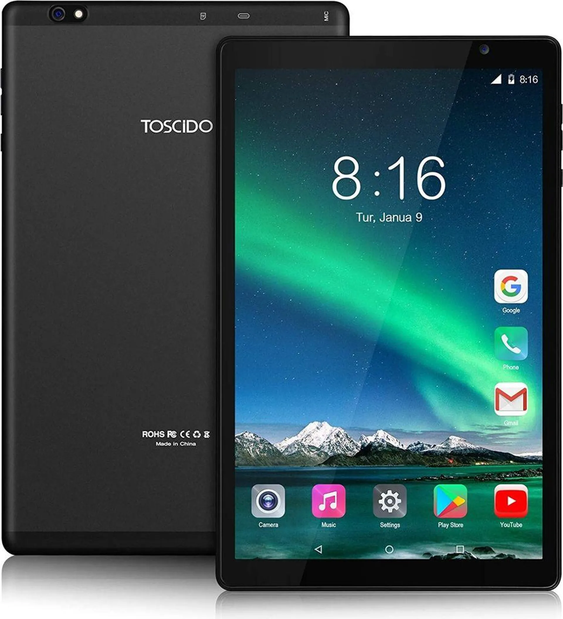 TOSCIDO Tablets 10 Zoll, Octa Core, 1920 x 1200 FHD, 64GB ROM, 3GB RAM, 5G WiFi/Bluetooth 5.0/GPS, 13MP+5MP, 6000 mAh, Type C, P101, Farbe: Schwarz