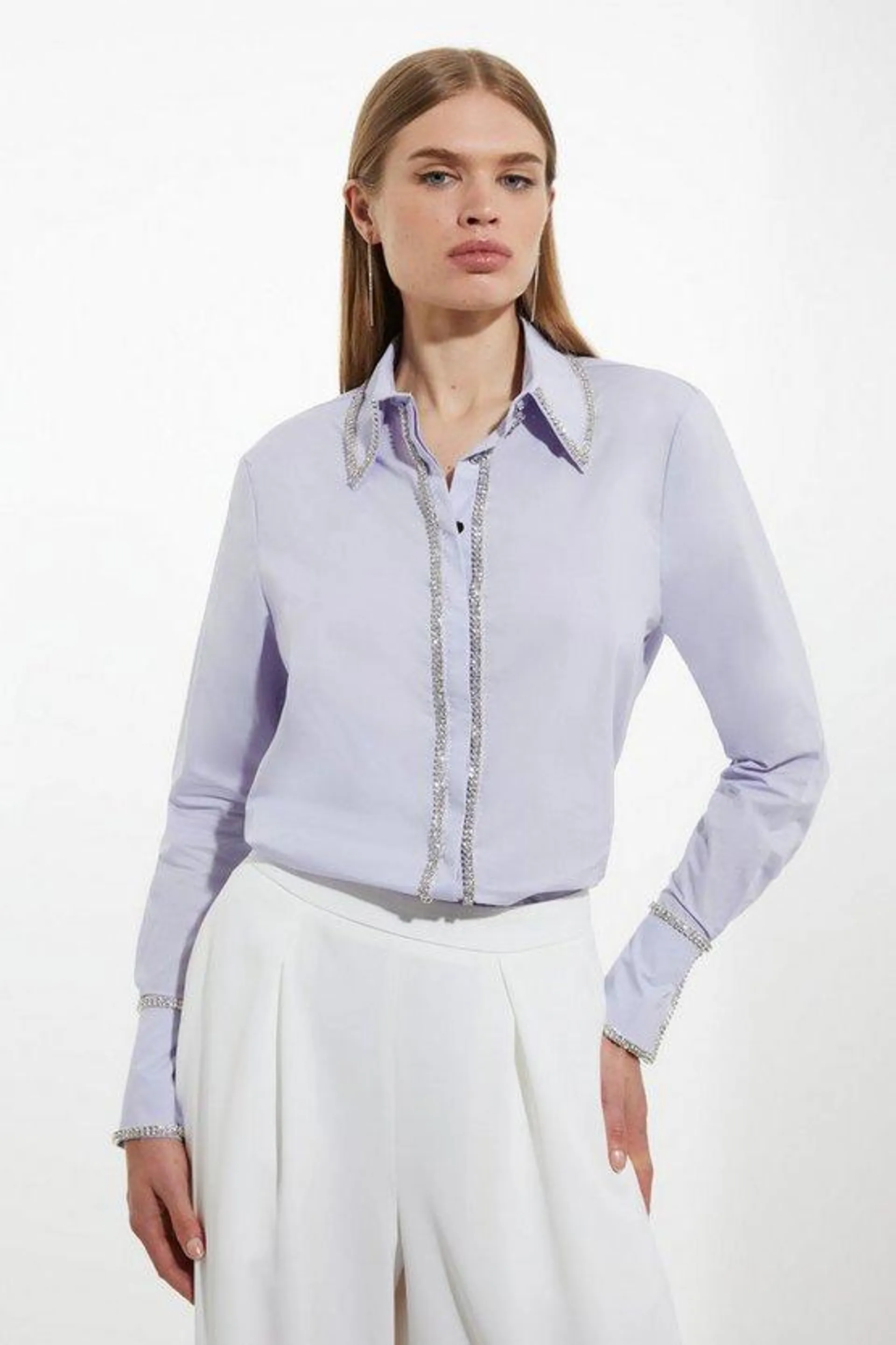 Cotton Poplin Embellished Trim Woven Shirt