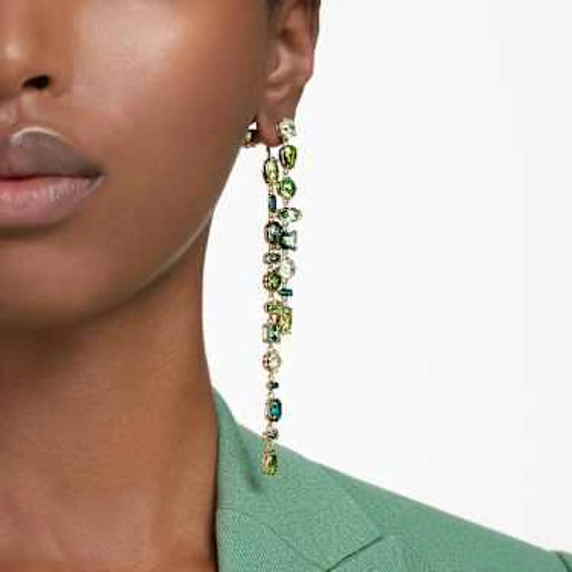 Asymmetrical design, Mixed cuts, Extra long, Green, Gold-tone plated