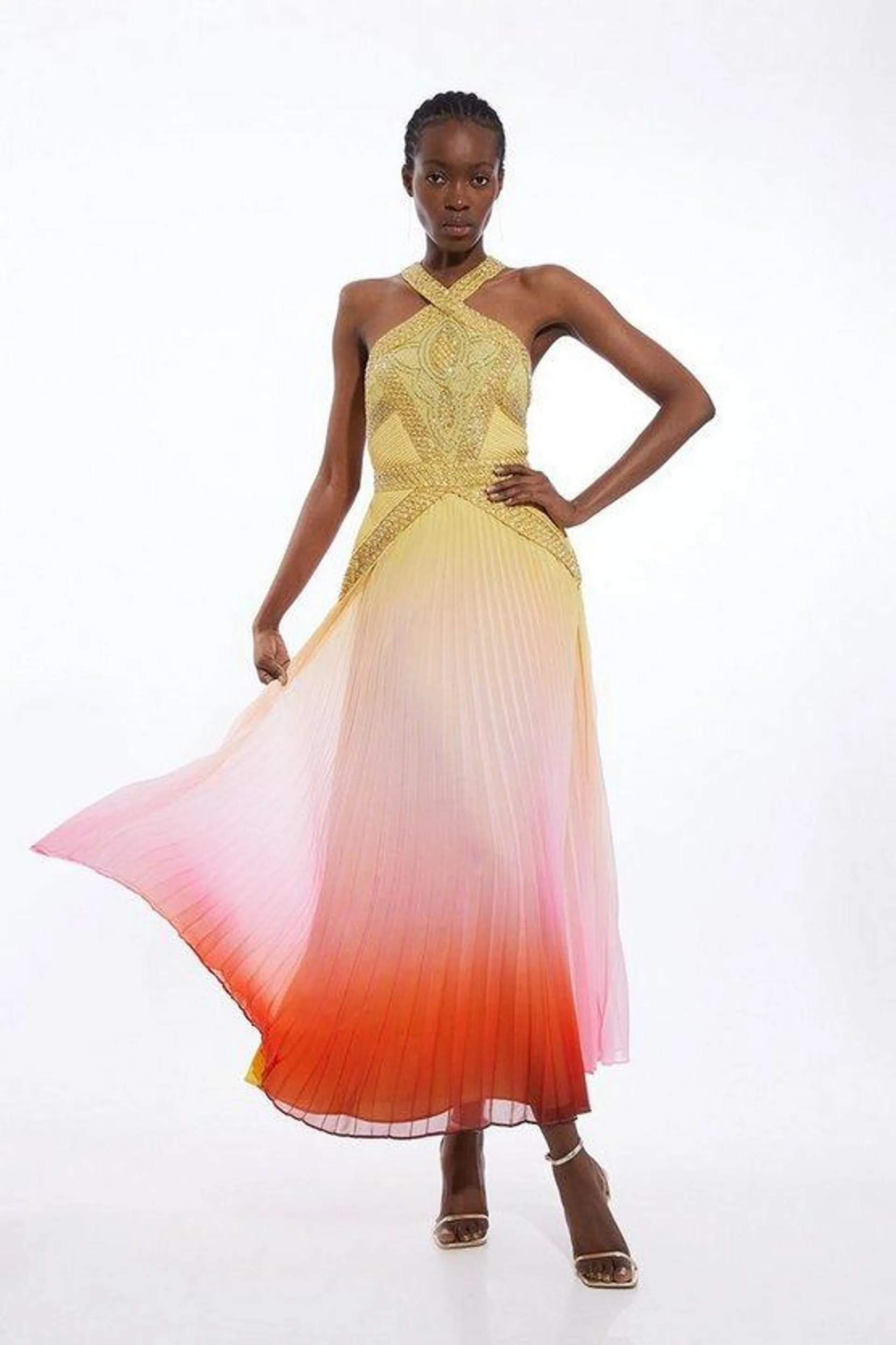 Geo Embellished Ombre Pleated Woven Maxi Dress