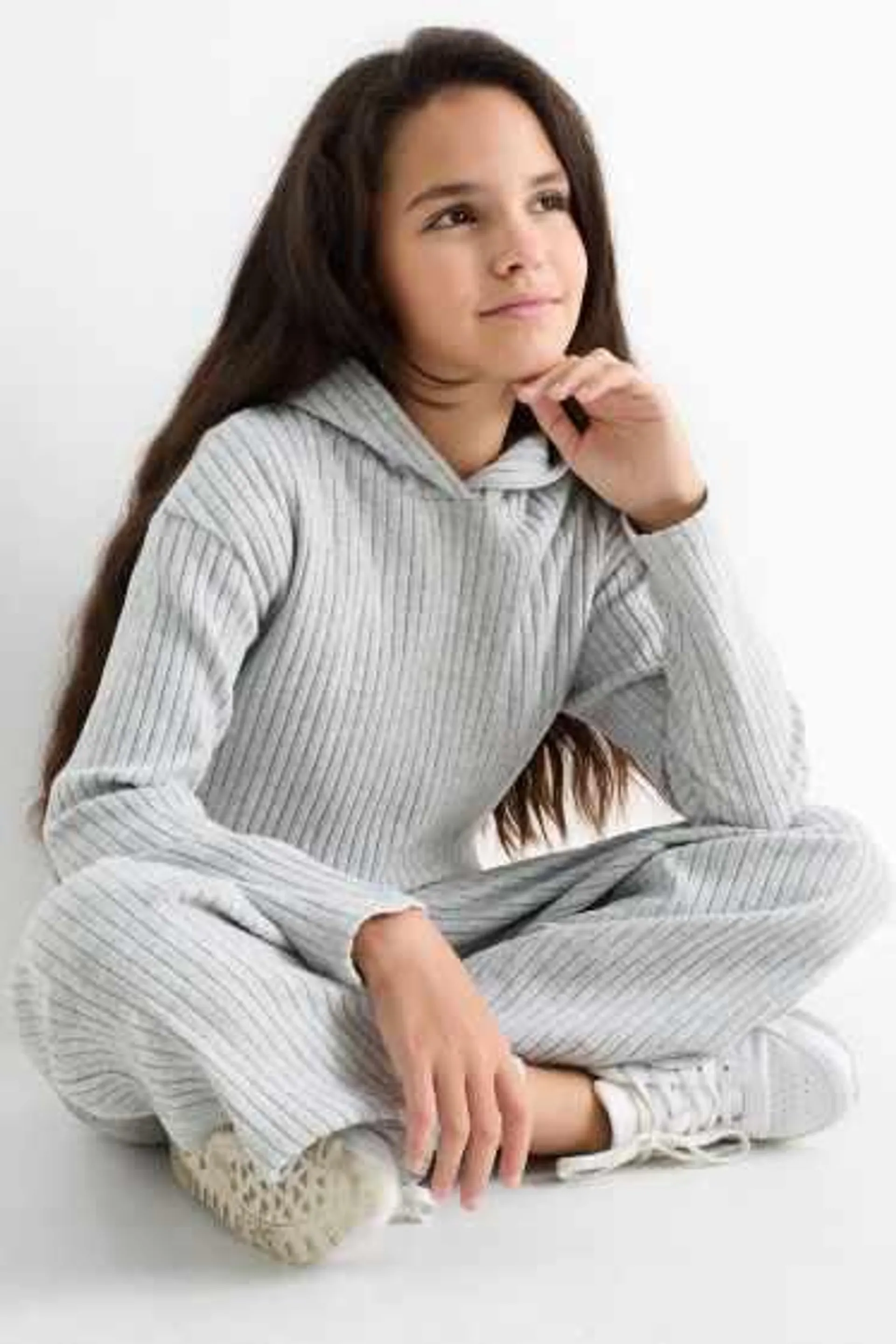 Set - hooded jumper and knitted leggings - ribbed