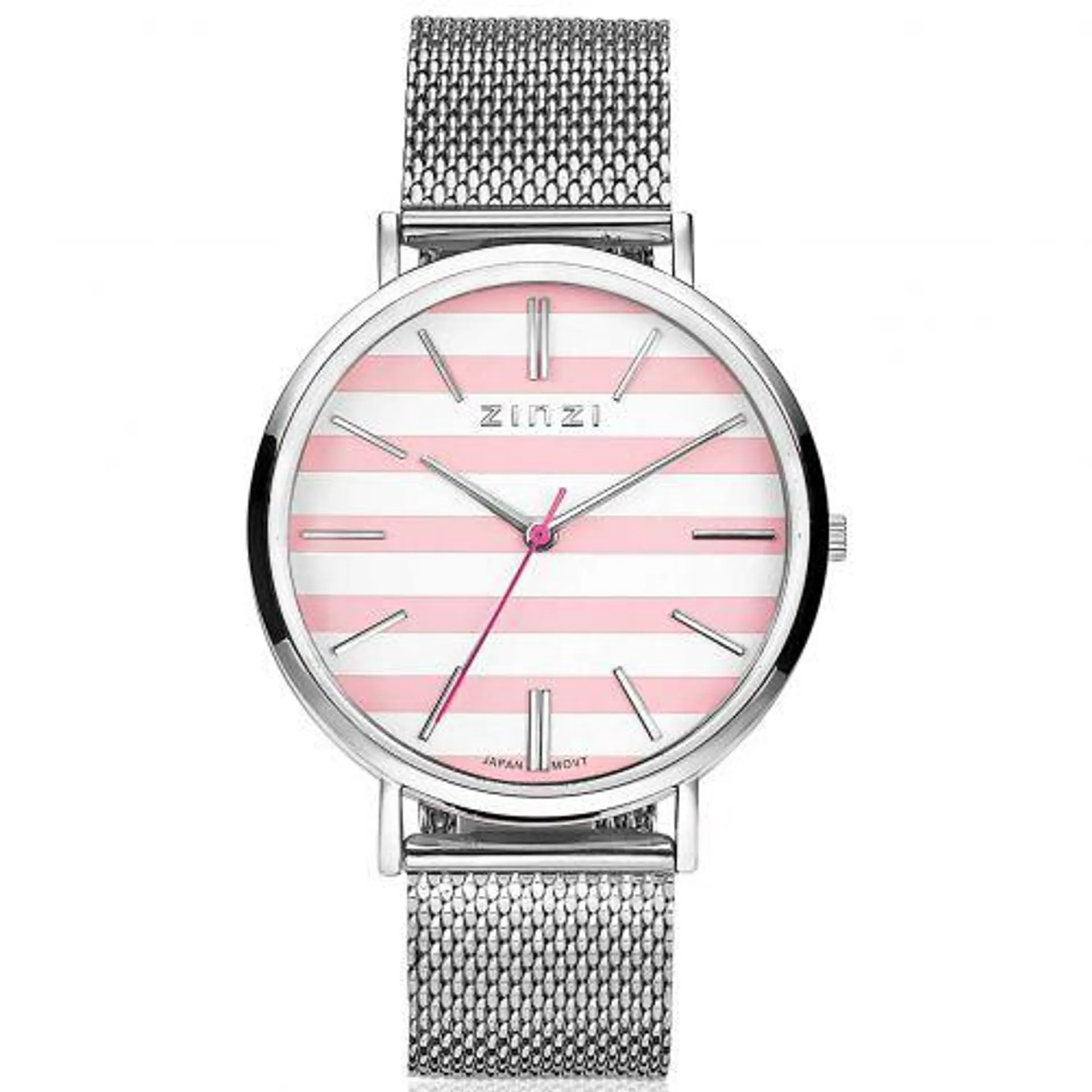 Zinzi Retro horloge roze-wit gestreepte wijzerplaat zilvergekleurde kast stalen mesh band 38mm extra dun ZIW419M