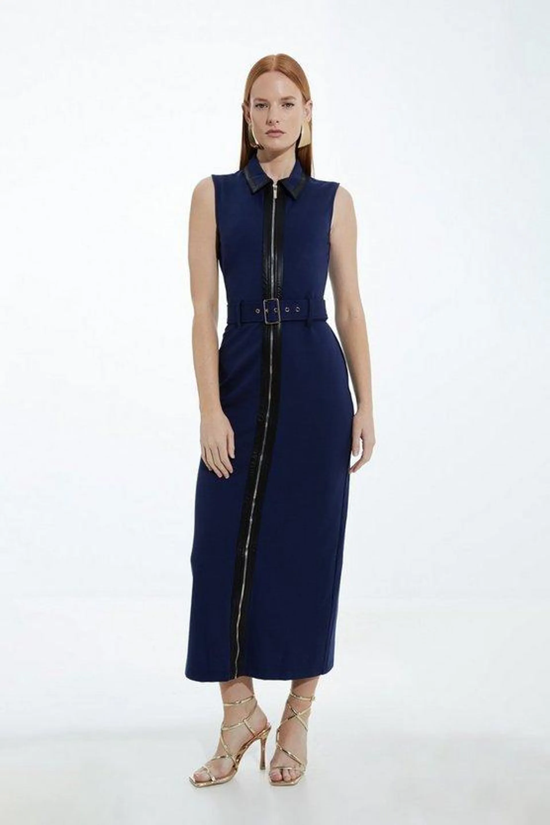 Pu Ponte Belted Midi Dress