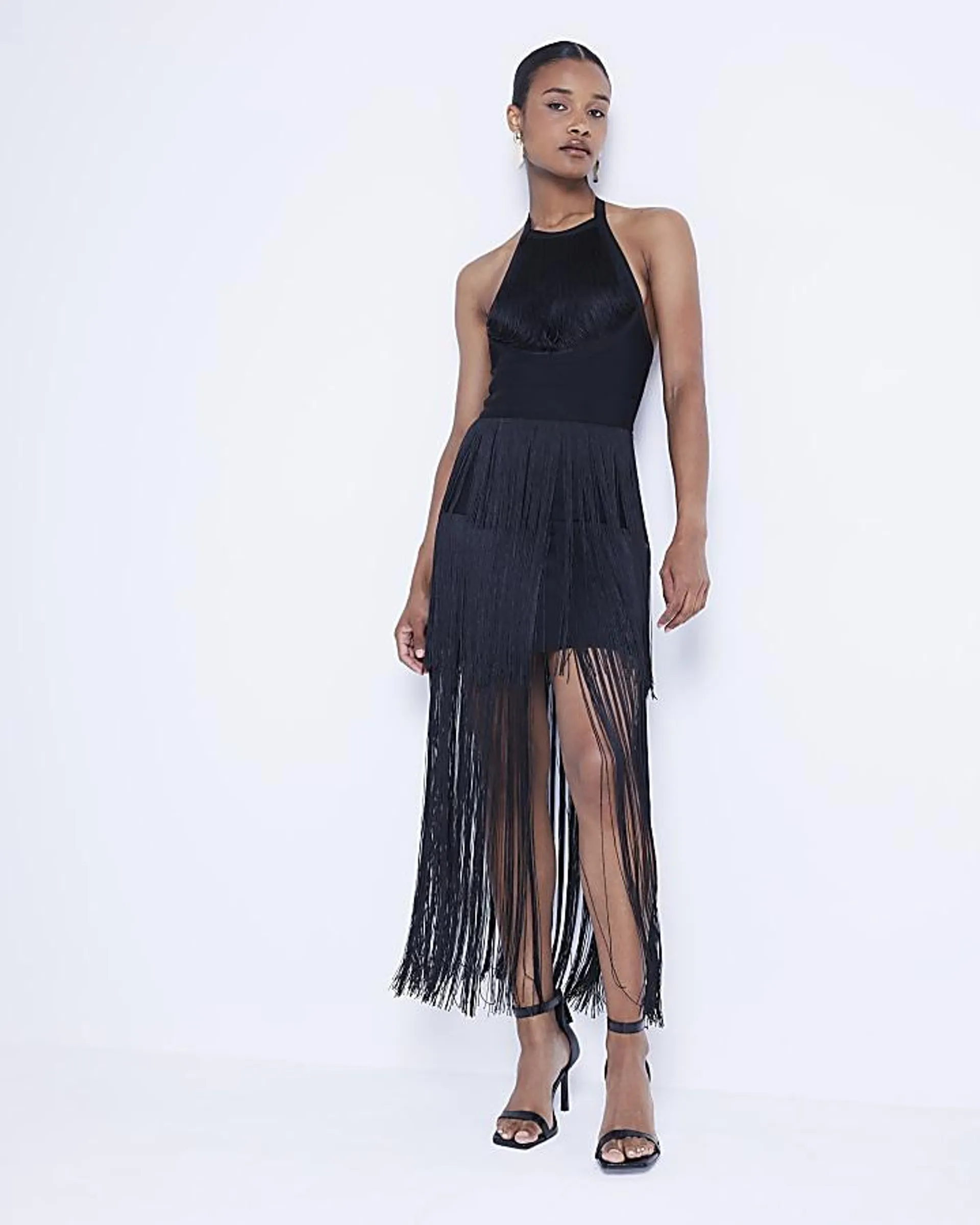 Black fringe halter neck bodycon midi dress